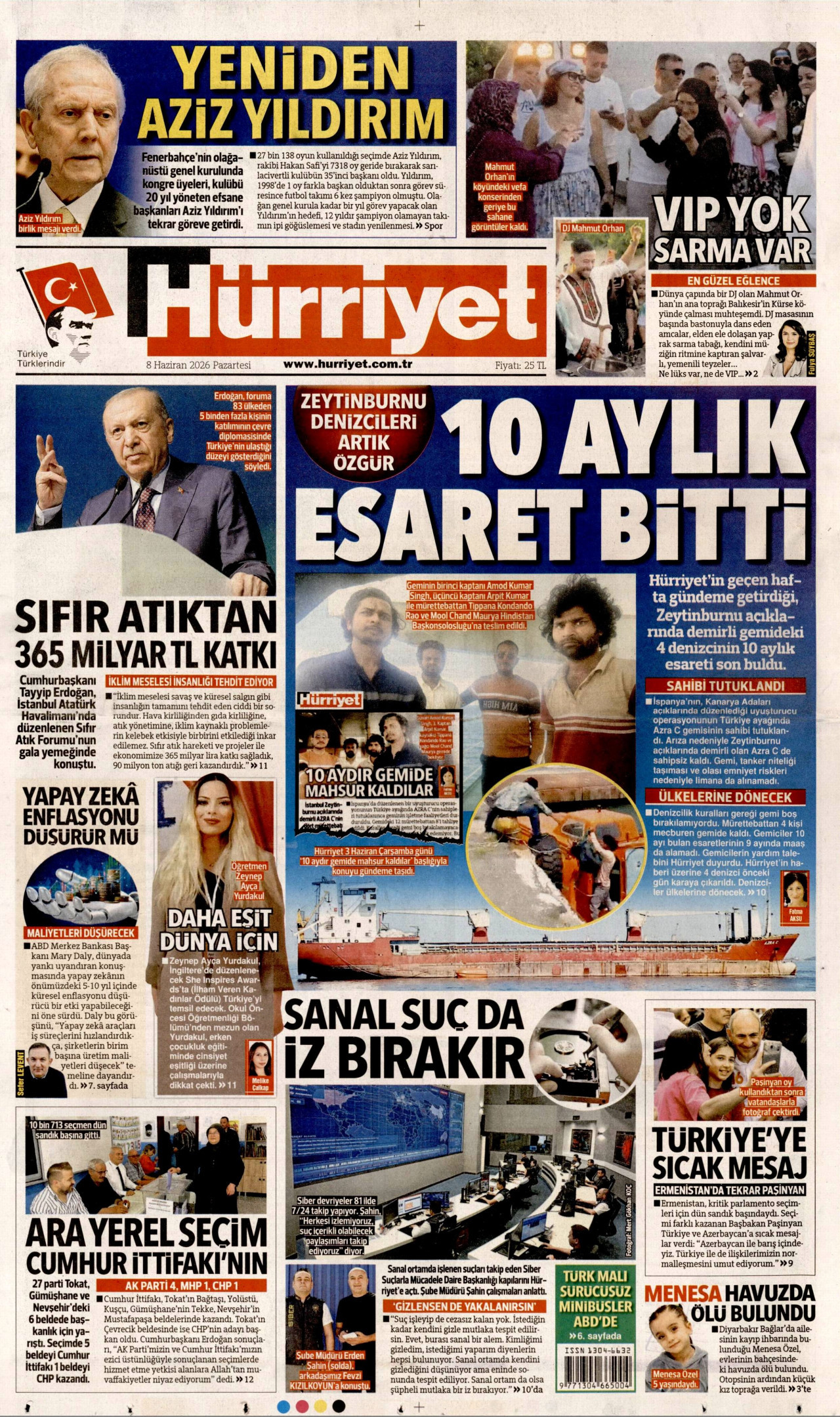 HÜRRİYET gazetesinin 8 Haziran 2026 tarihli birinci sayfası