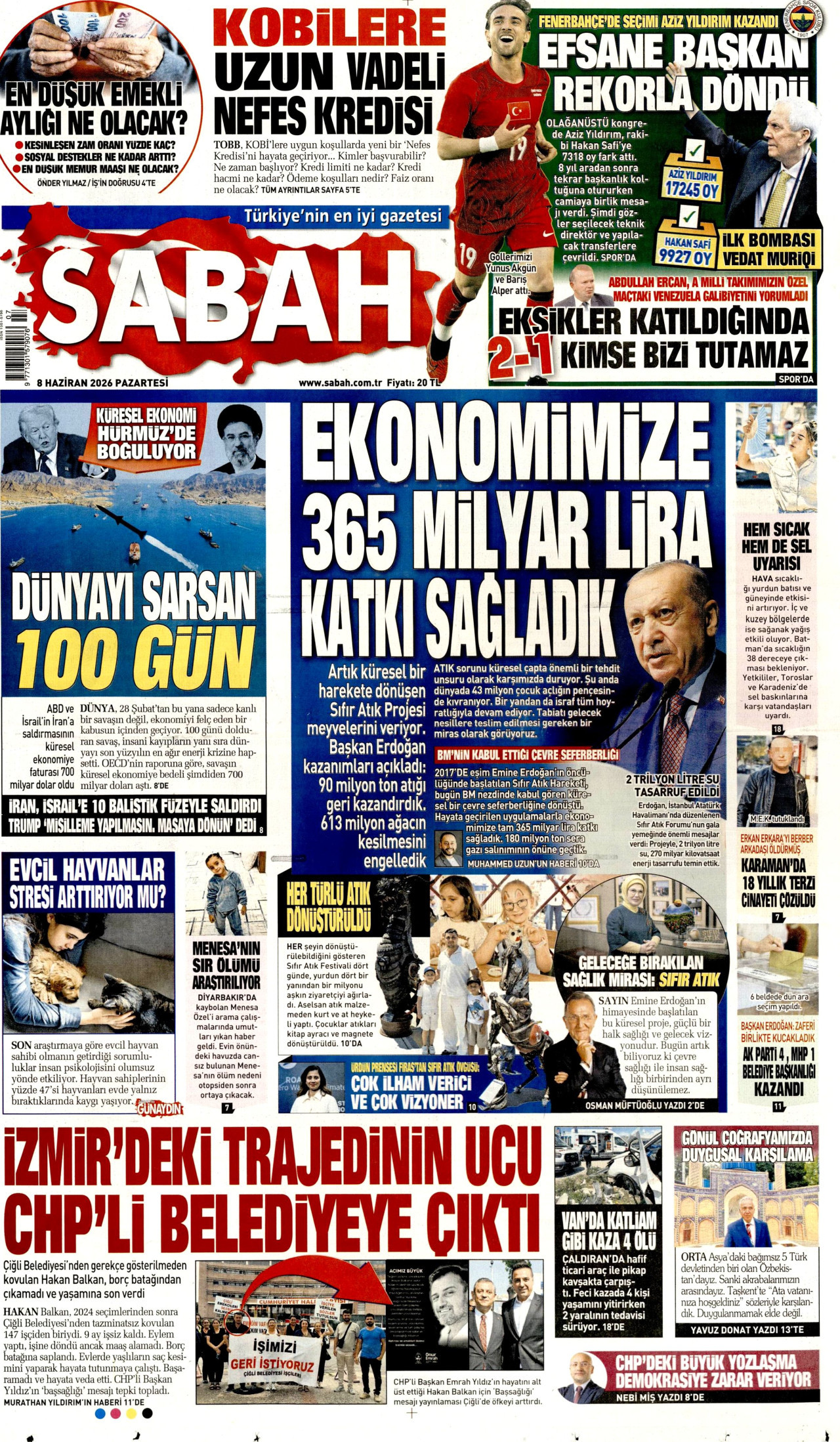 SABAH gazetesinin 8 Haziran 2026 tarihli birinci sayfası