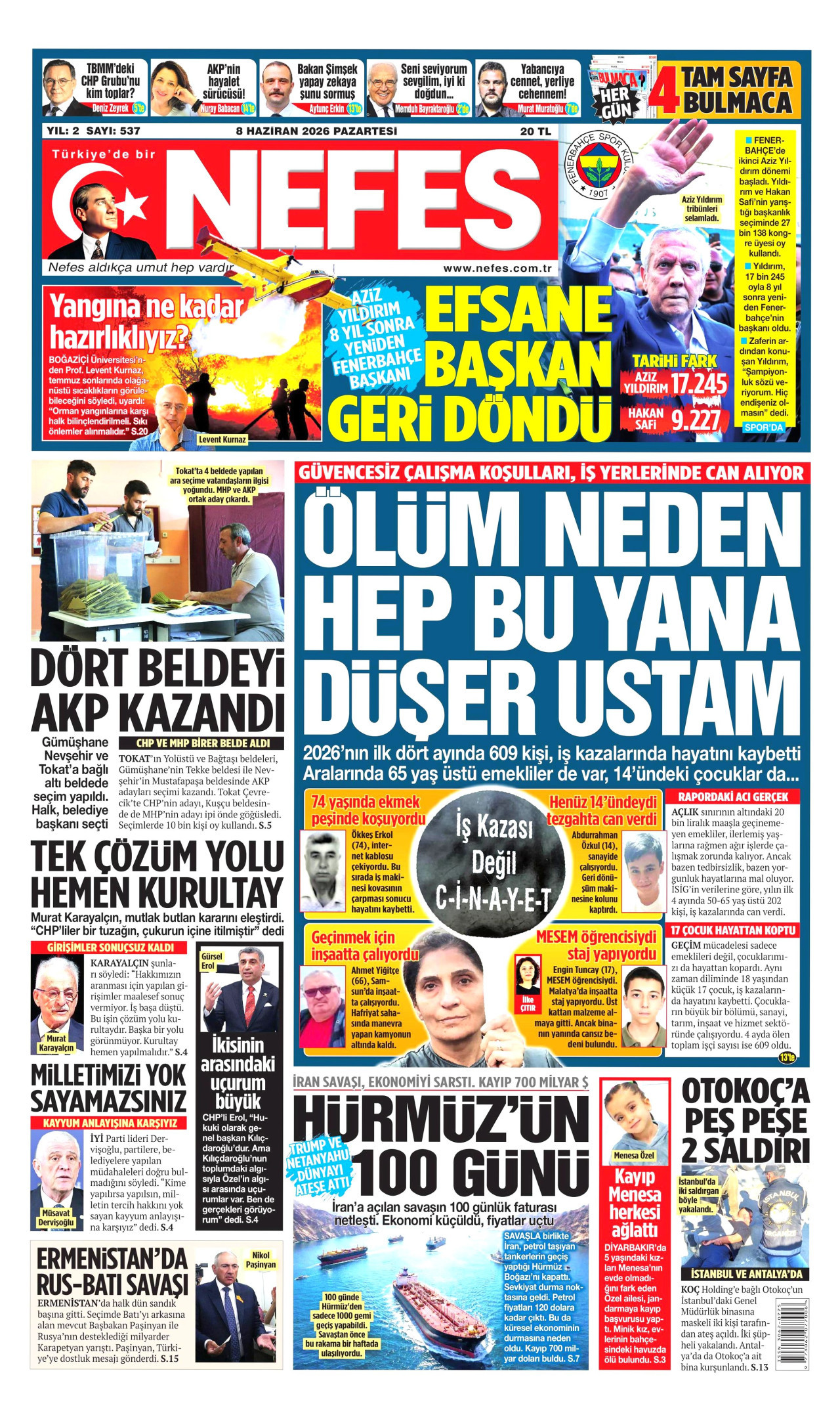 NEFES gazetesinin 8 Haziran 2026 tarihli birinci sayfası