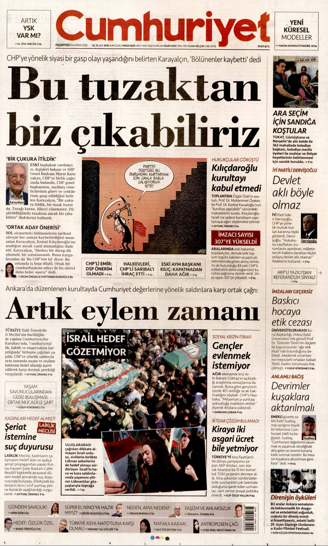CUMHURİYET gazetesinin 8 Haziran 2026 tarihli birinci sayfası