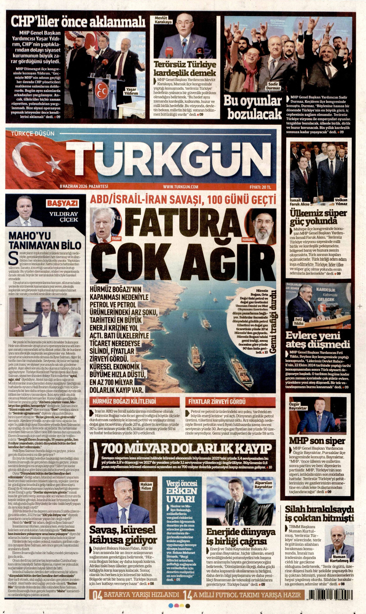 TÜRKGÜN gazetesinin 8 Haziran 2026 tarihli birinci sayfası