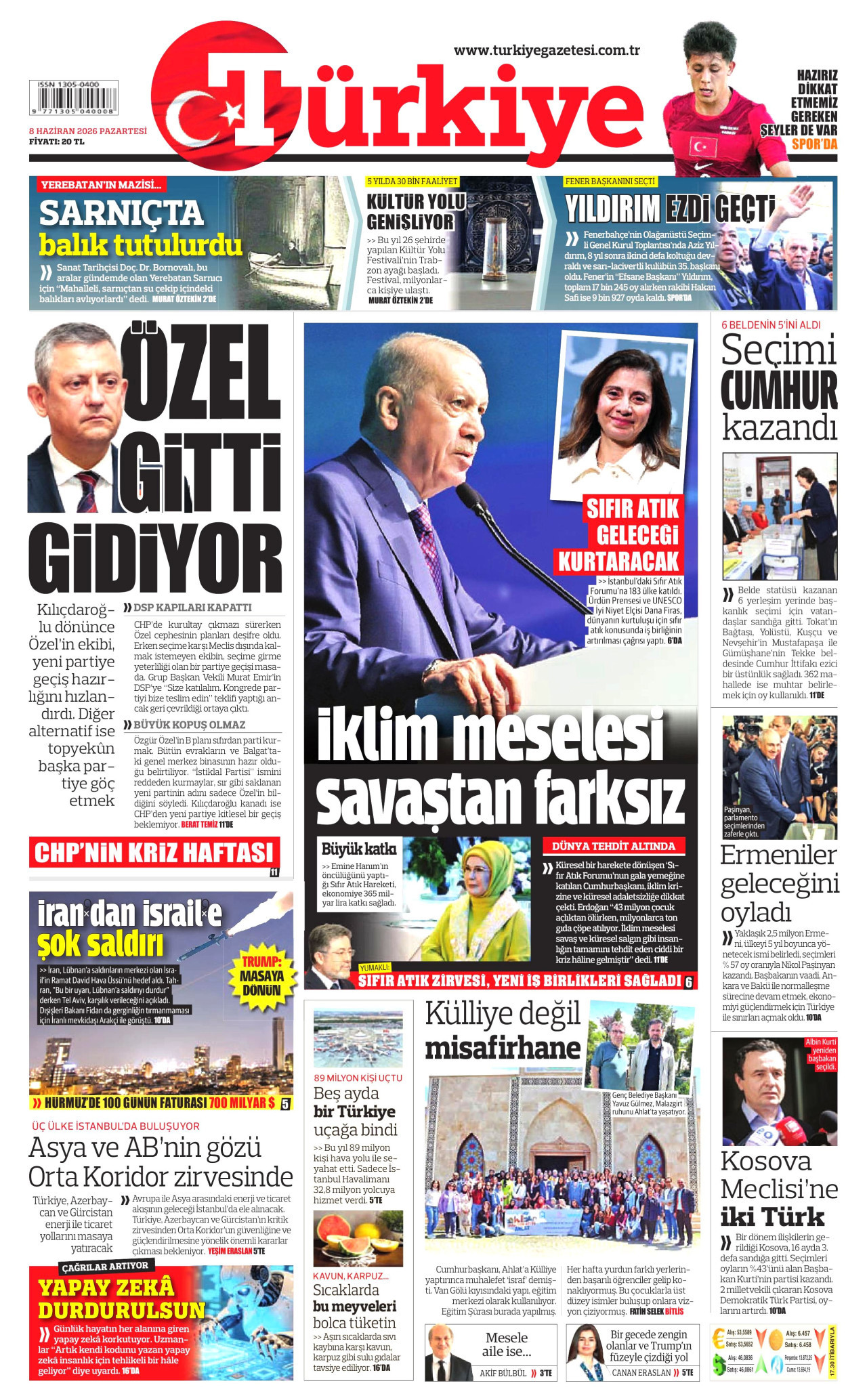 TÜRKİYE GAZETESİ gazetesinin 8 Haziran 2026 tarihli birinci sayfası