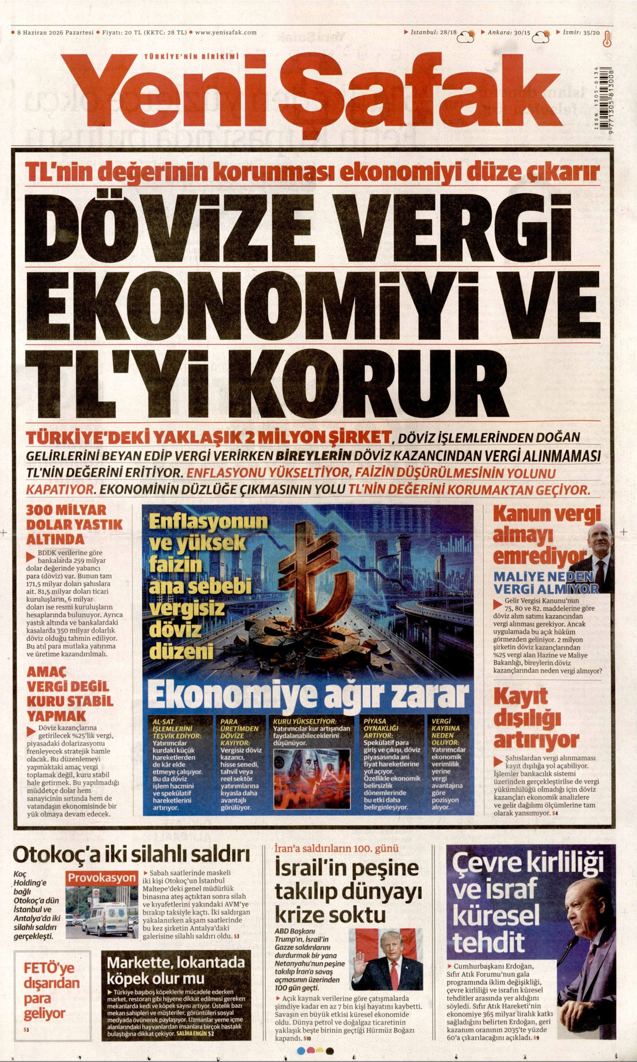 YENİ ŞAFAK gazetesinin 8 Haziran 2026 tarihli birinci sayfası