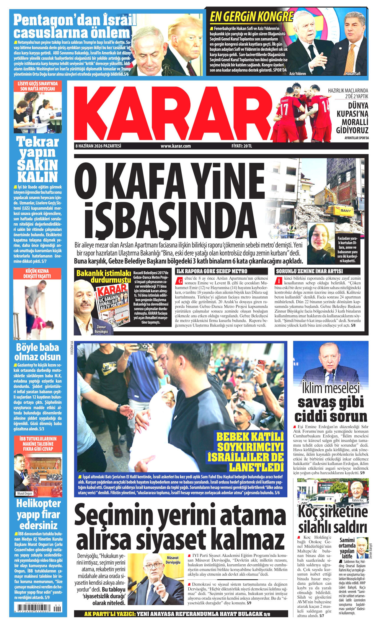 KARAR gazetesinin 8 Haziran 2026 tarihli birinci sayfası