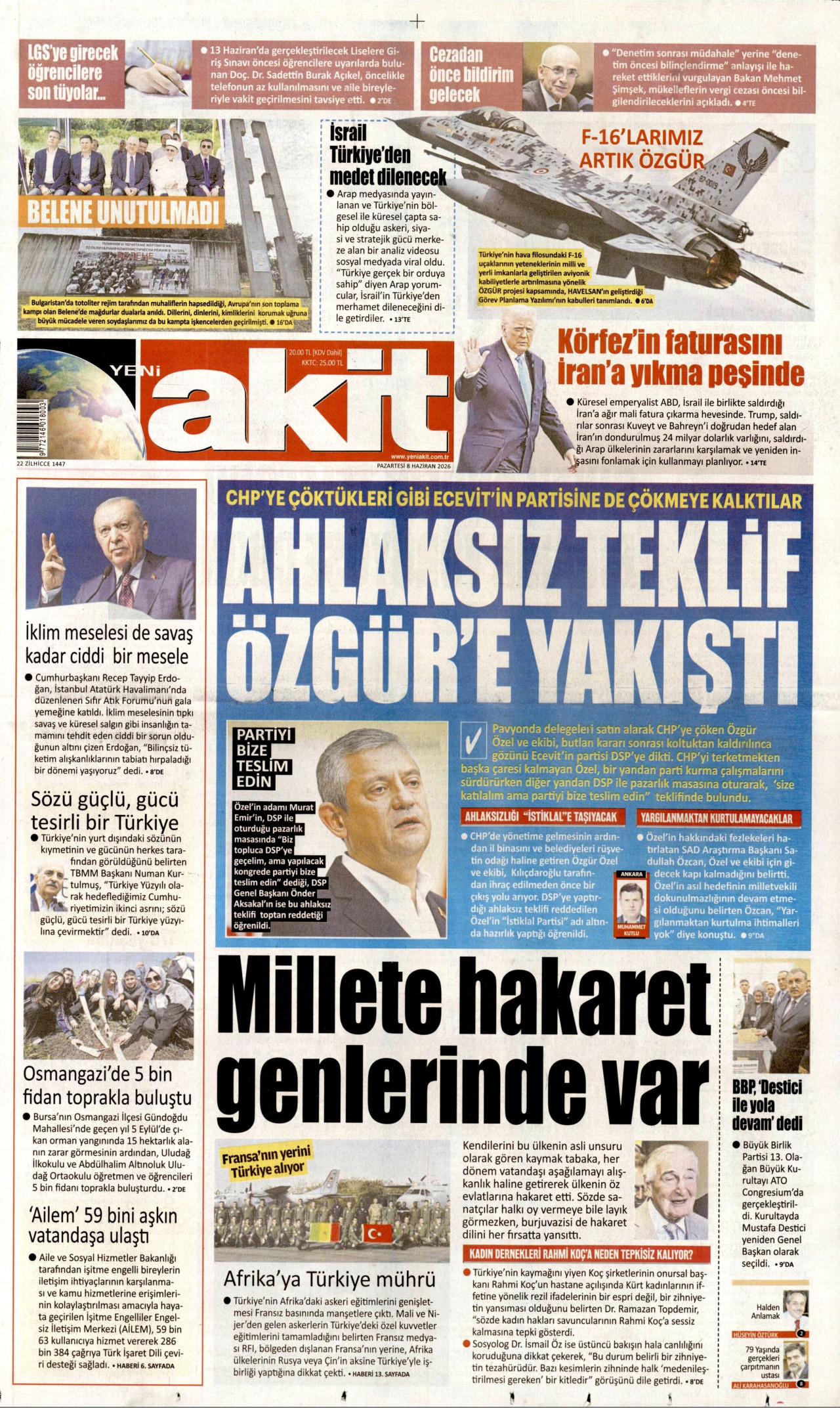 YENİ AKİT gazetesinin 8 Haziran 2026 tarihli birinci sayfası