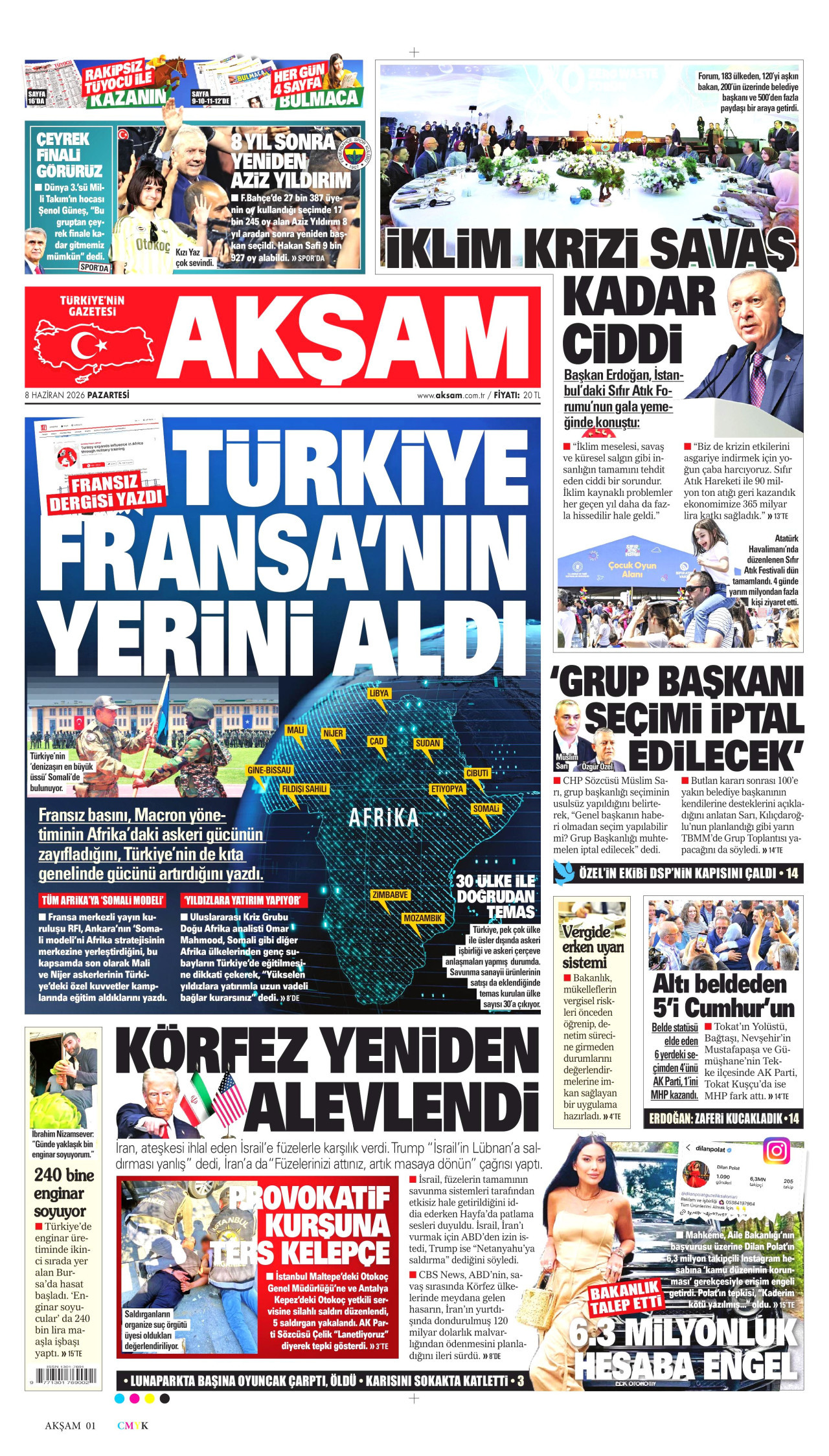AKŞAM gazetesinin 8 Haziran 2026 tarihli birinci sayfası
