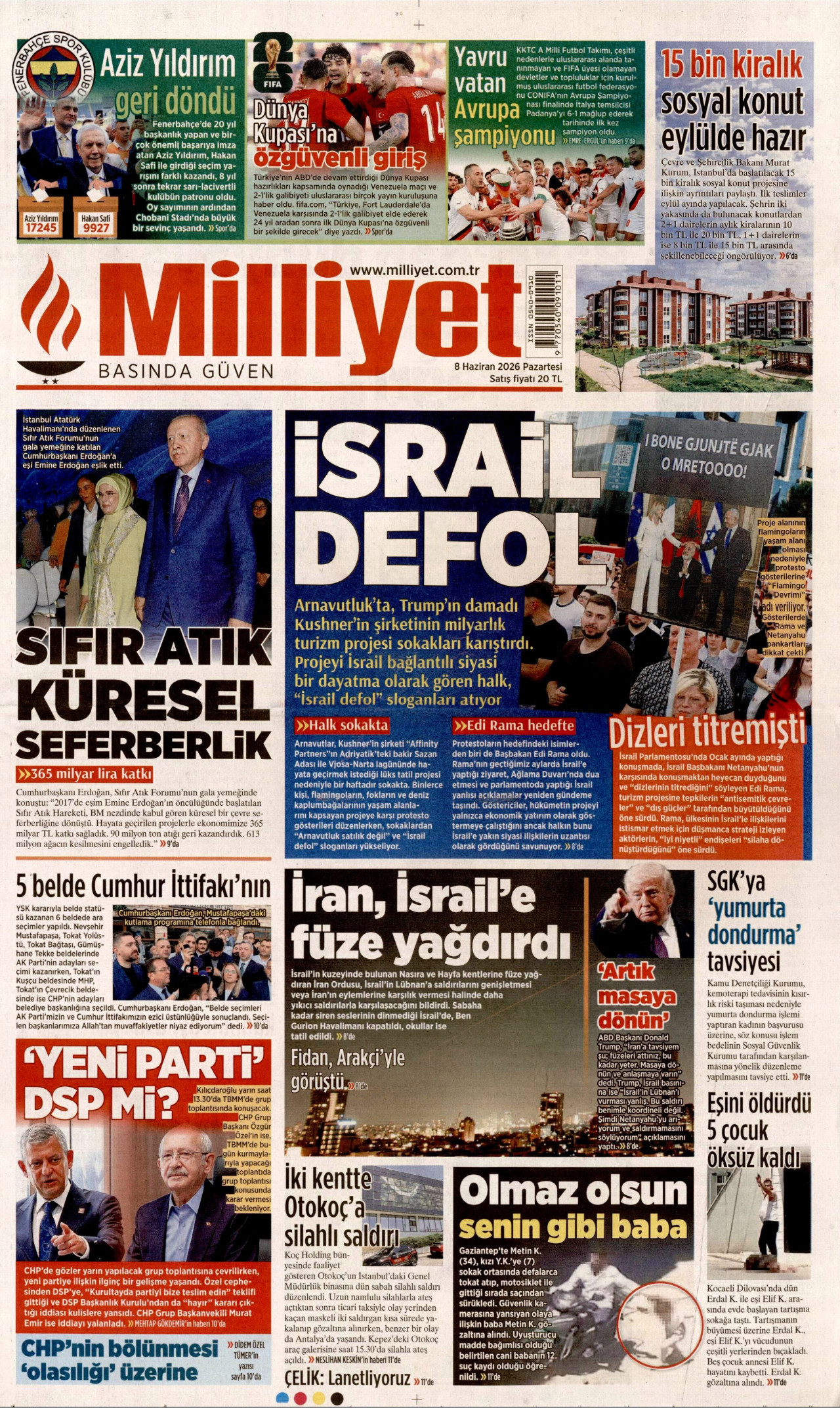 MİLLİYET gazetesinin 8 Haziran 2026 tarihli birinci sayfası