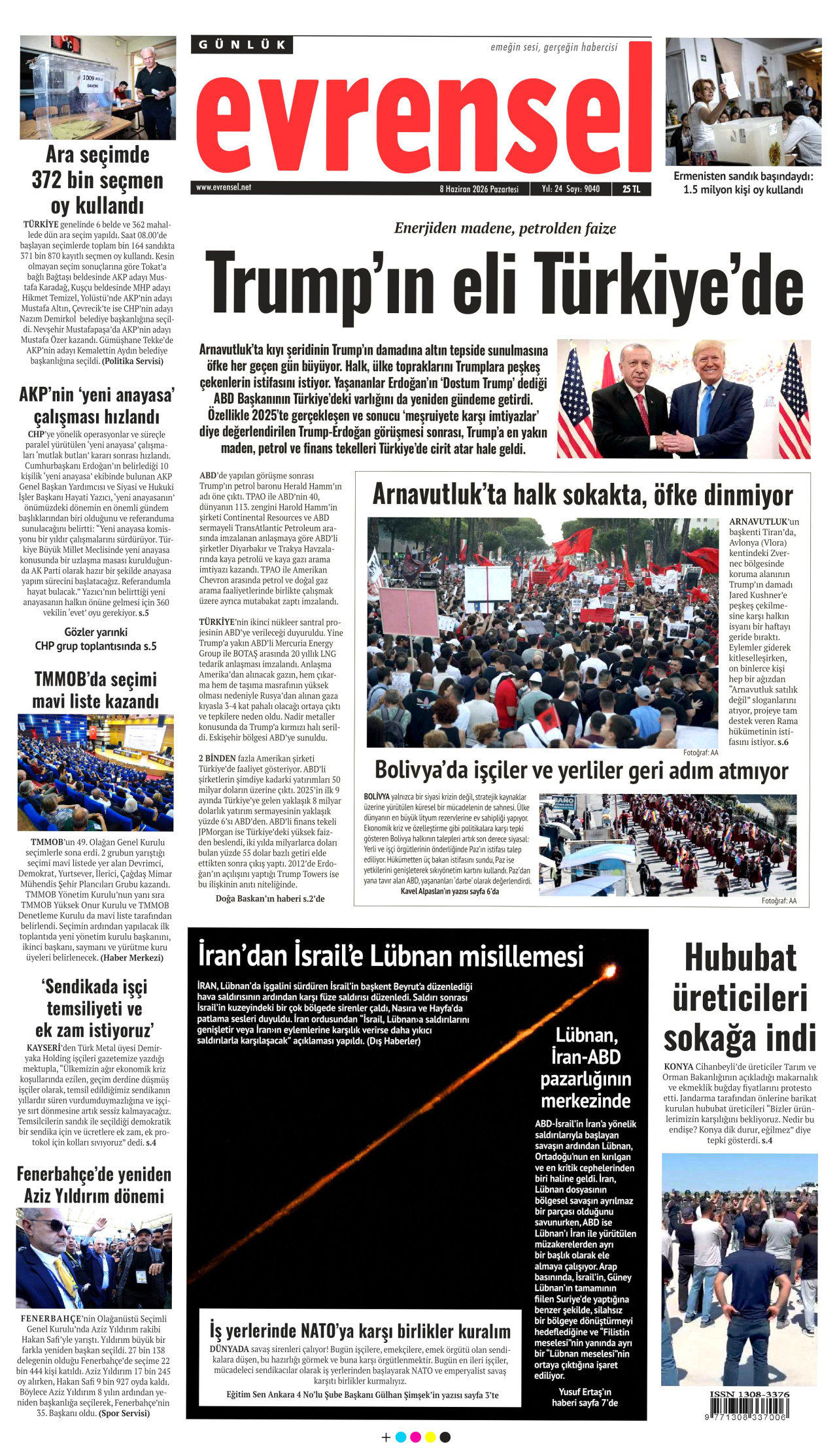 EVRENSEL gazetesinin 8 Haziran 2026 tarihli birinci sayfası