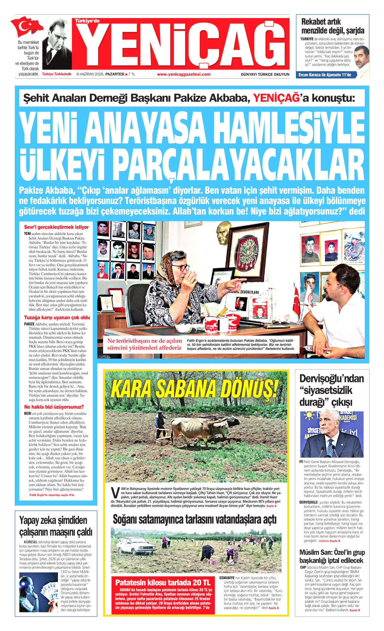 YENİÇAĞ gazetesinin 8 Haziran 2026 tarihli birinci sayfası