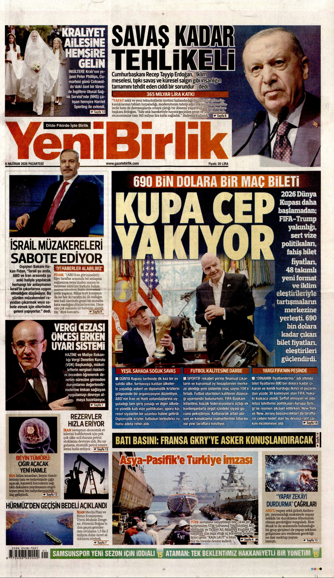 YENİBİRLİK gazetesinin 8 Haziran 2026 tarihli birinci sayfası