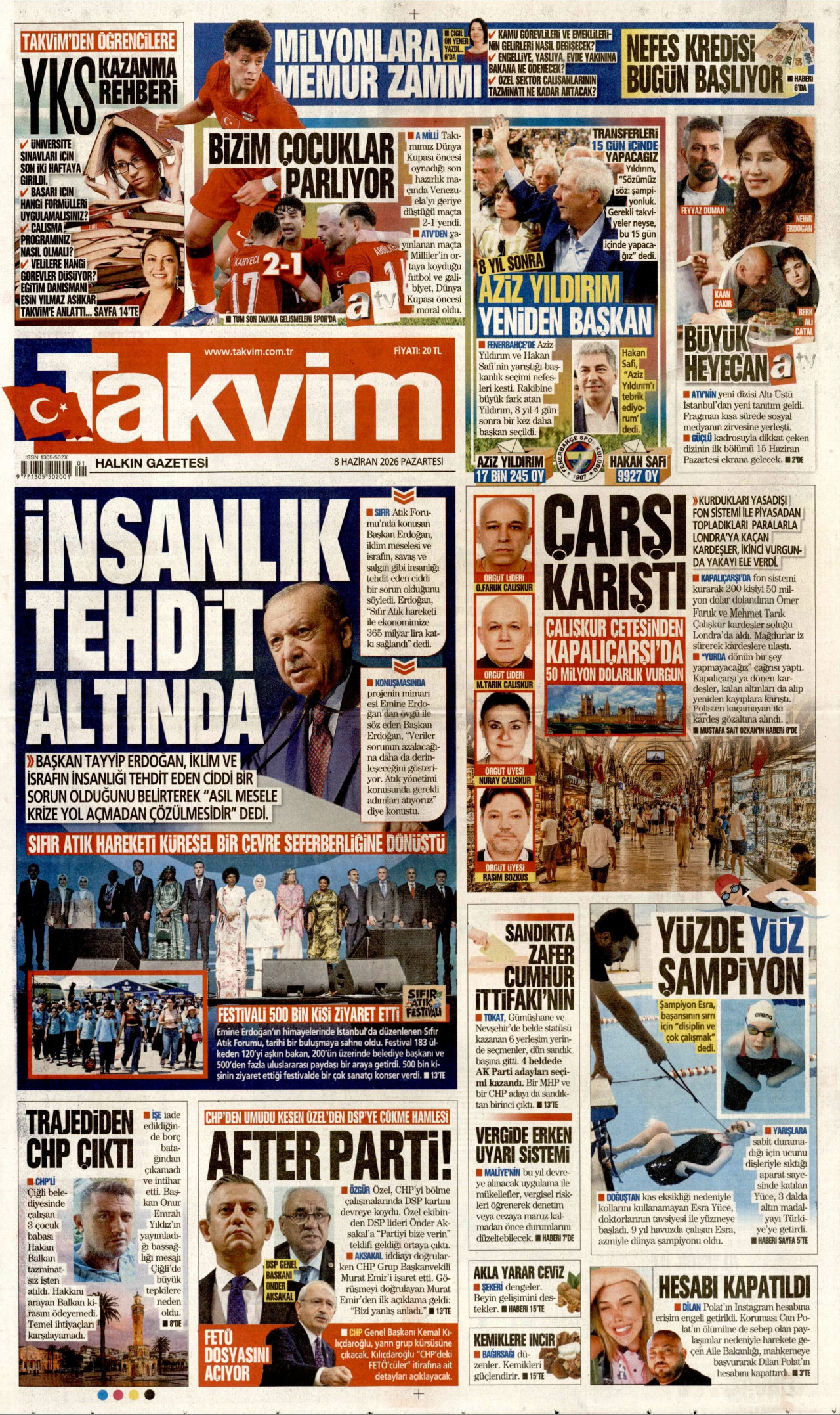 TAKVİM gazetesinin 8 Haziran 2026 tarihli birinci sayfası