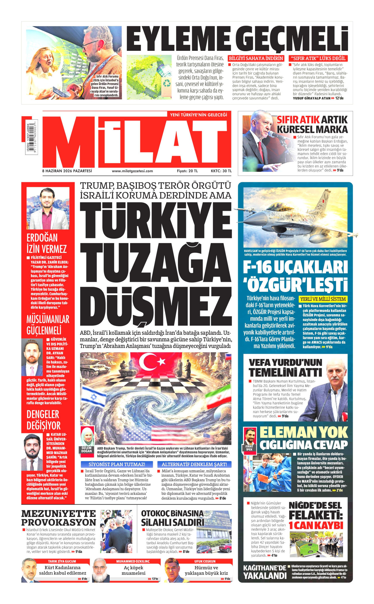 MİLAT gazetesinin 8 Haziran 2026 tarihli birinci sayfası