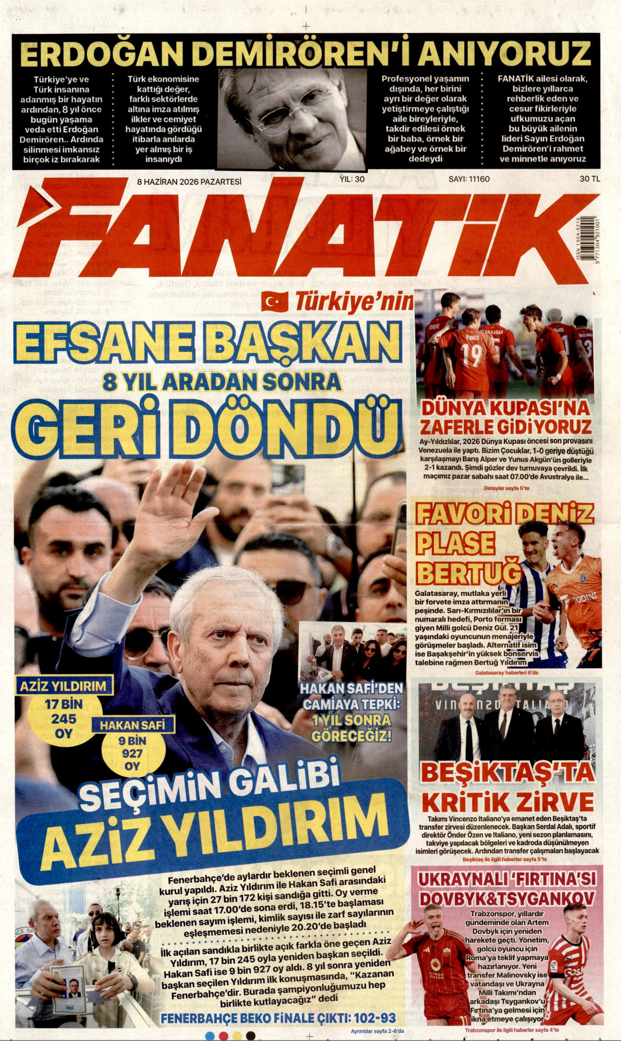 FANATİK gazetesinin 8 Haziran 2026 tarihli birinci sayfası
