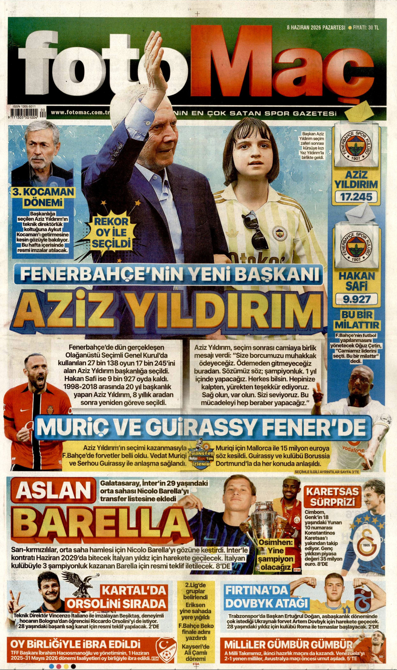 FOTOMAÇ gazetesinin 8 Haziran 2026 tarihli birinci sayfası