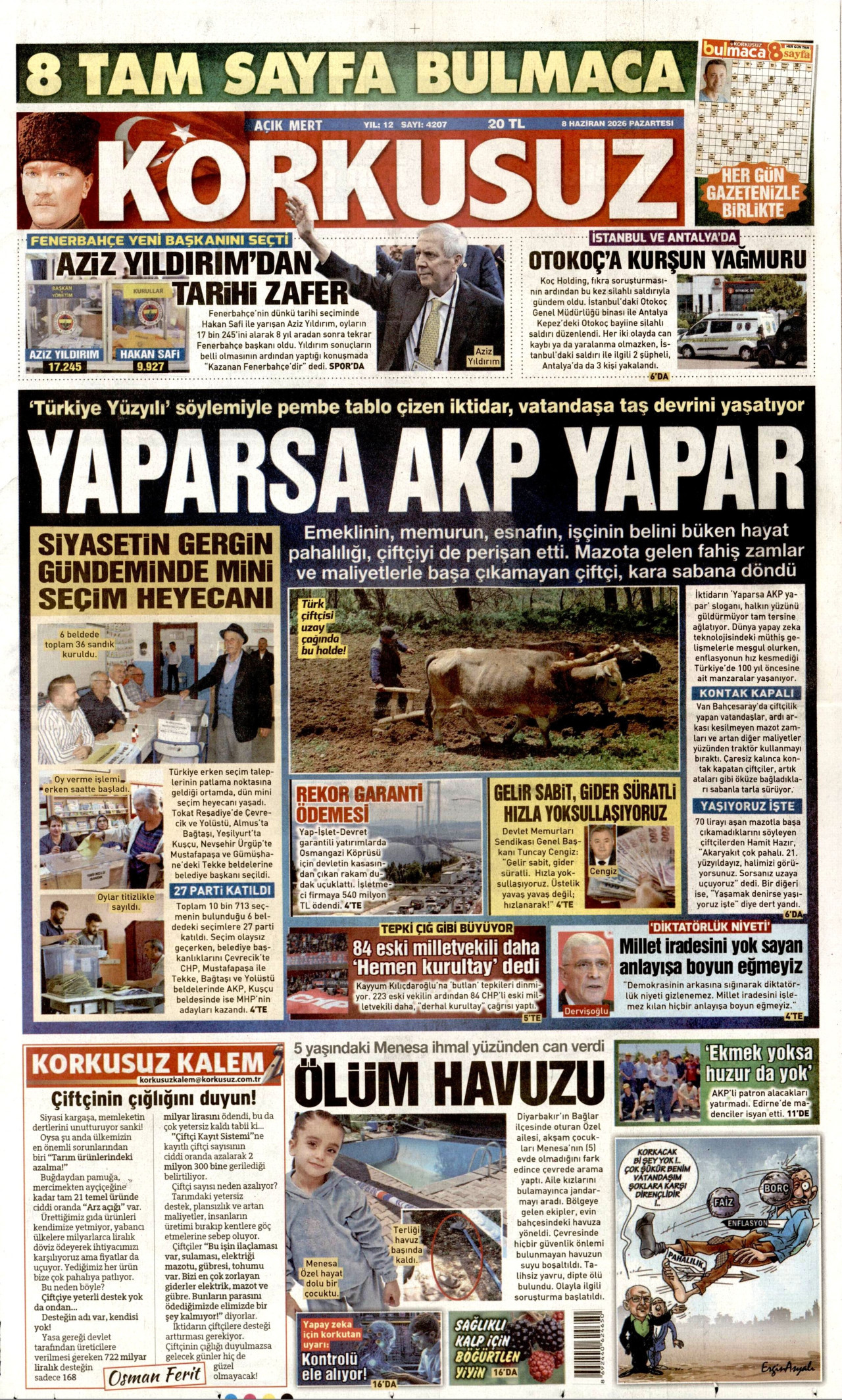 KORKUSUZ gazetesinin 8 Haziran 2026 tarihli birinci sayfası