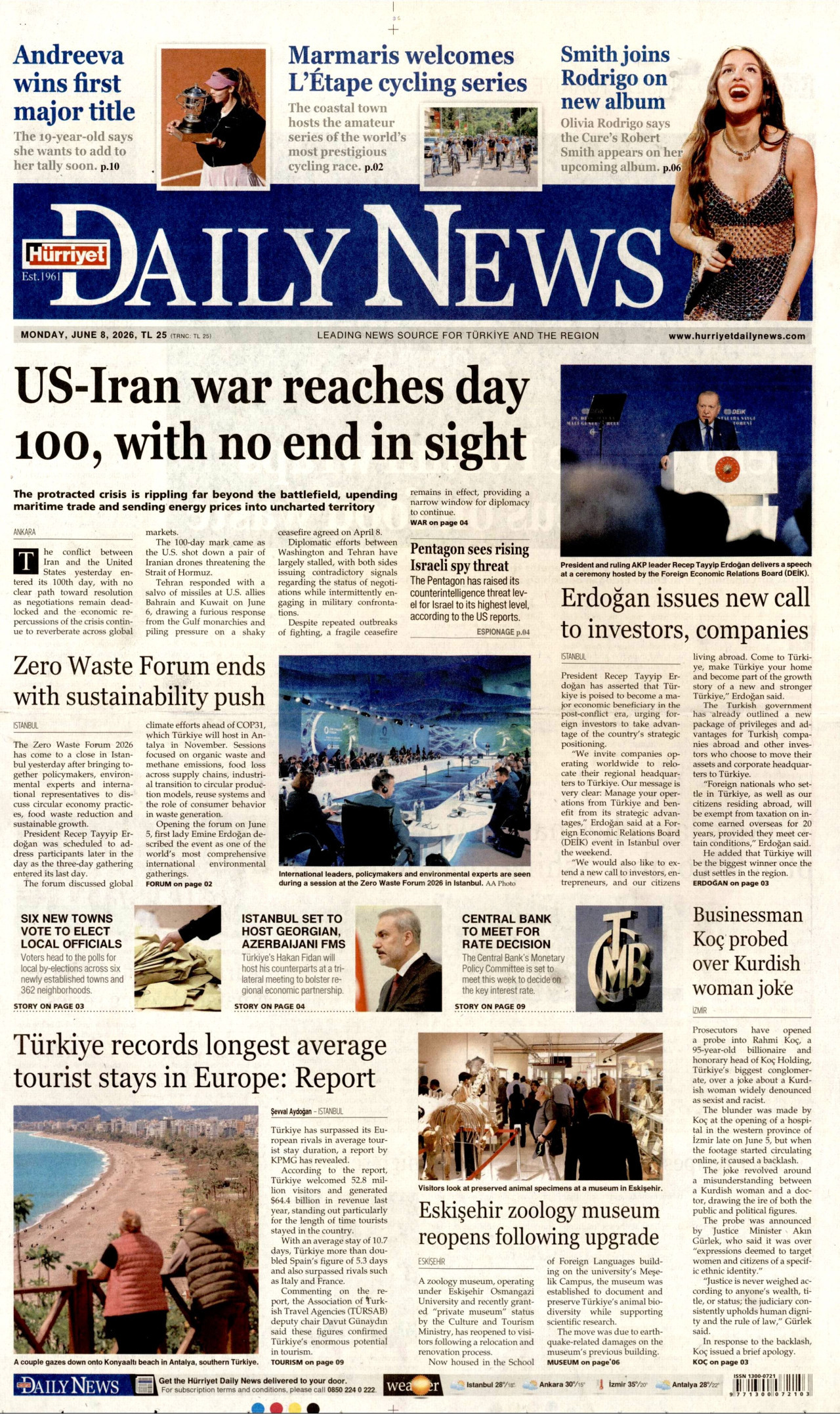 HÜRRİYET DAİLY NEWS gazetesinin 8 Haziran 2026 tarihli birinci sayfası