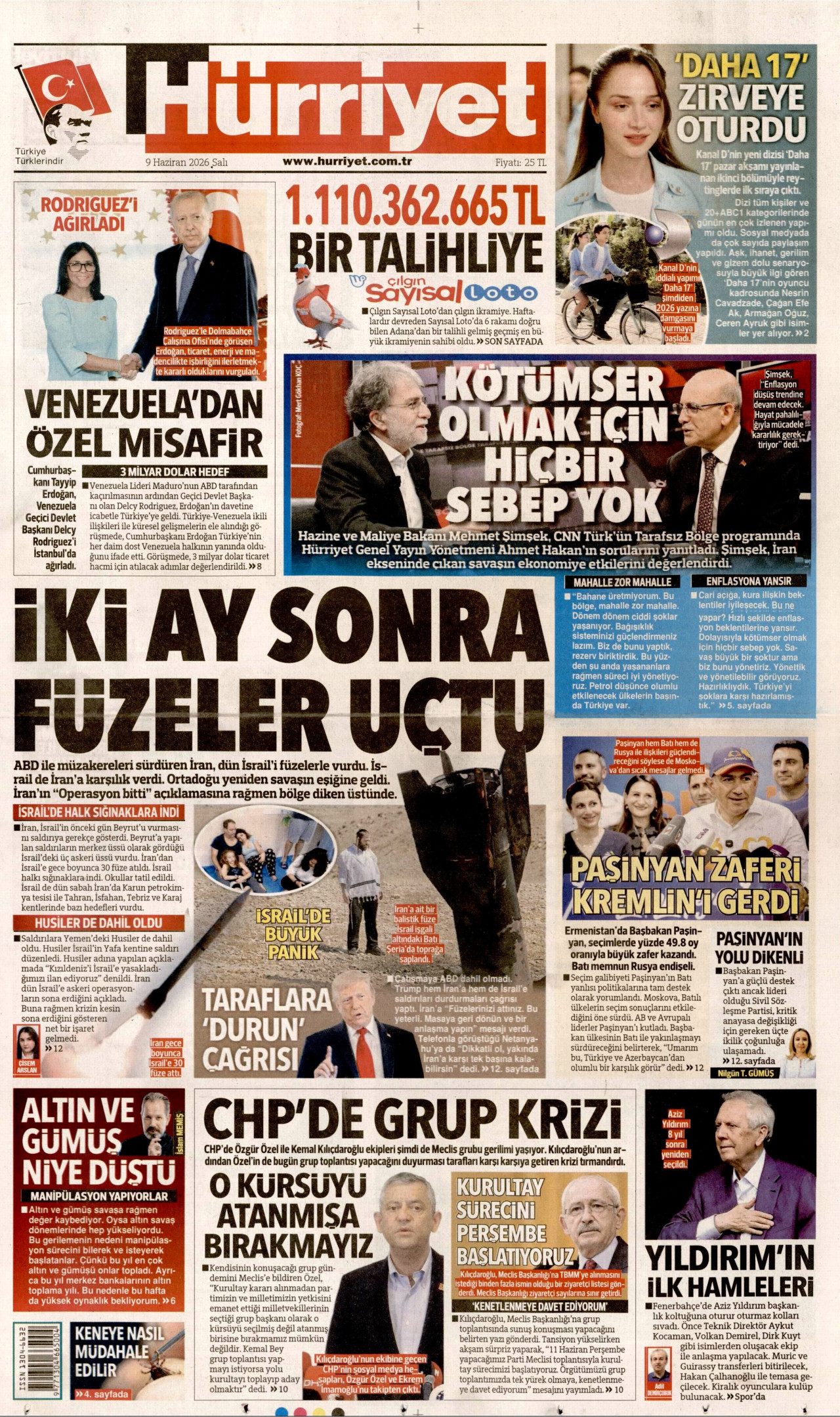 HÜRRİYET gazetesinin 9 Haziran 2026 tarihli birinci sayfası