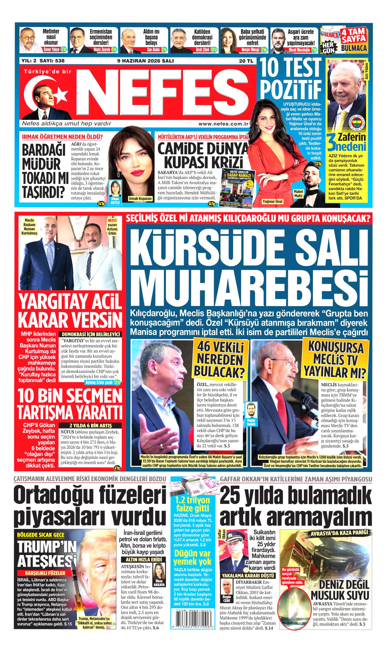 NEFES gazetesinin 9 Haziran 2026 tarihli birinci sayfası
