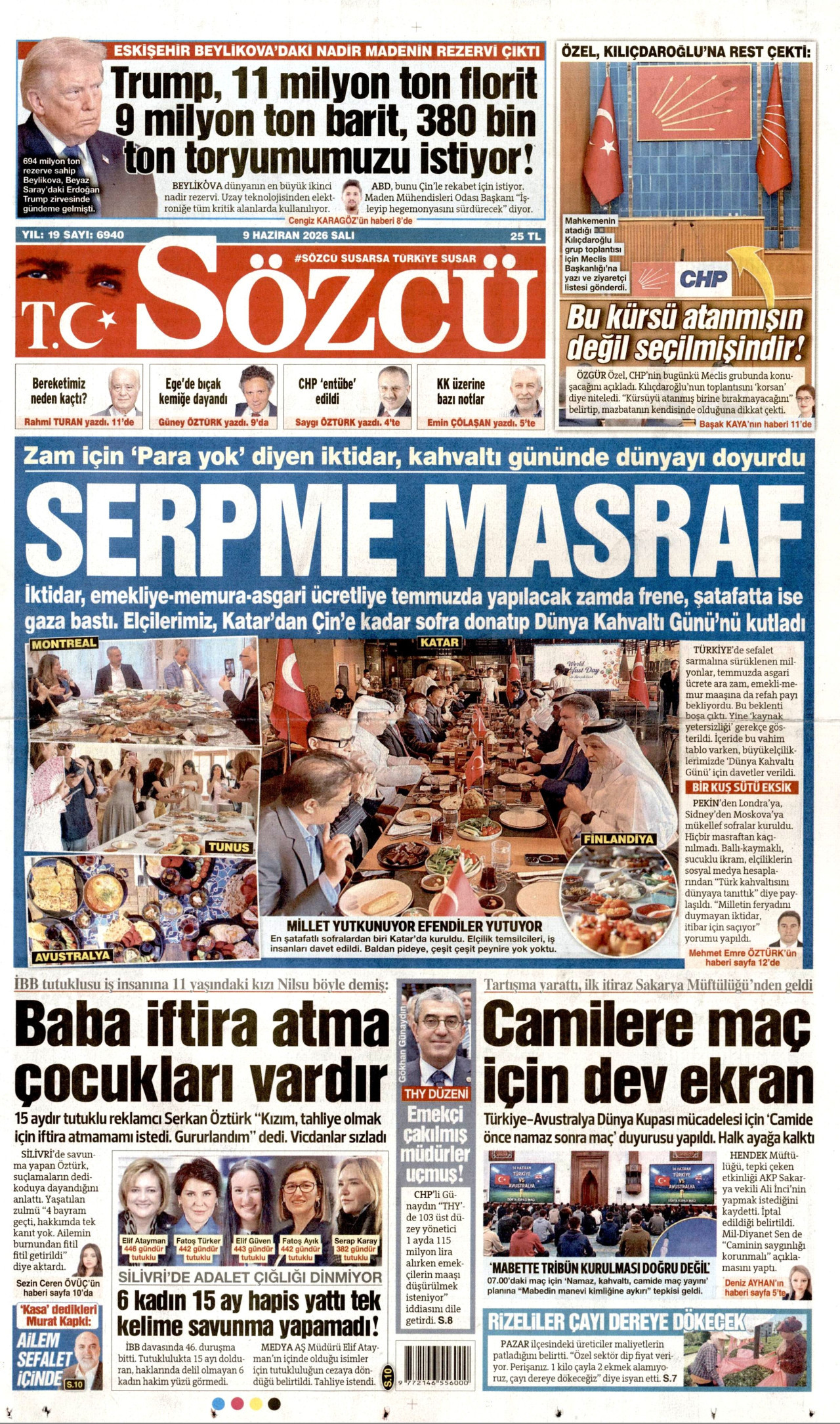 SÖZCÜ gazetesinin 9 Haziran 2026 tarihli birinci sayfası