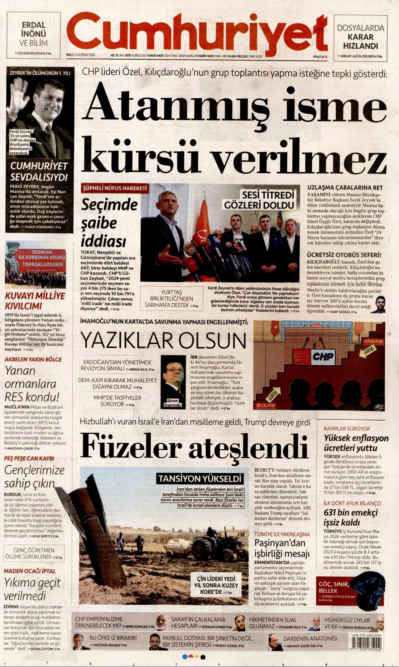 CUMHURİYET gazetesinin 9 Haziran 2026 tarihli birinci sayfası