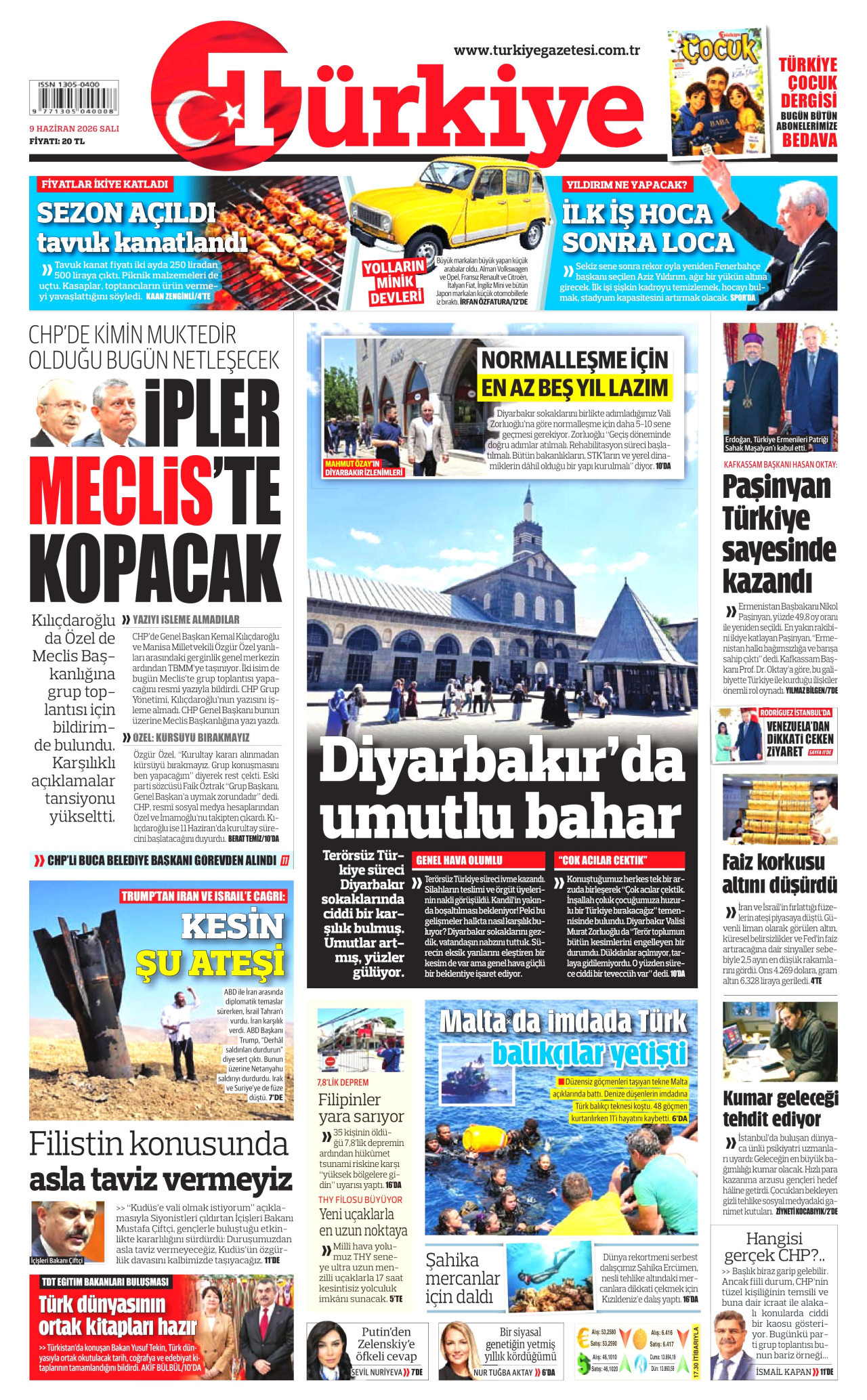 TÜRKİYE GAZETESİ gazetesinin 9 Haziran 2026 tarihli birinci sayfası