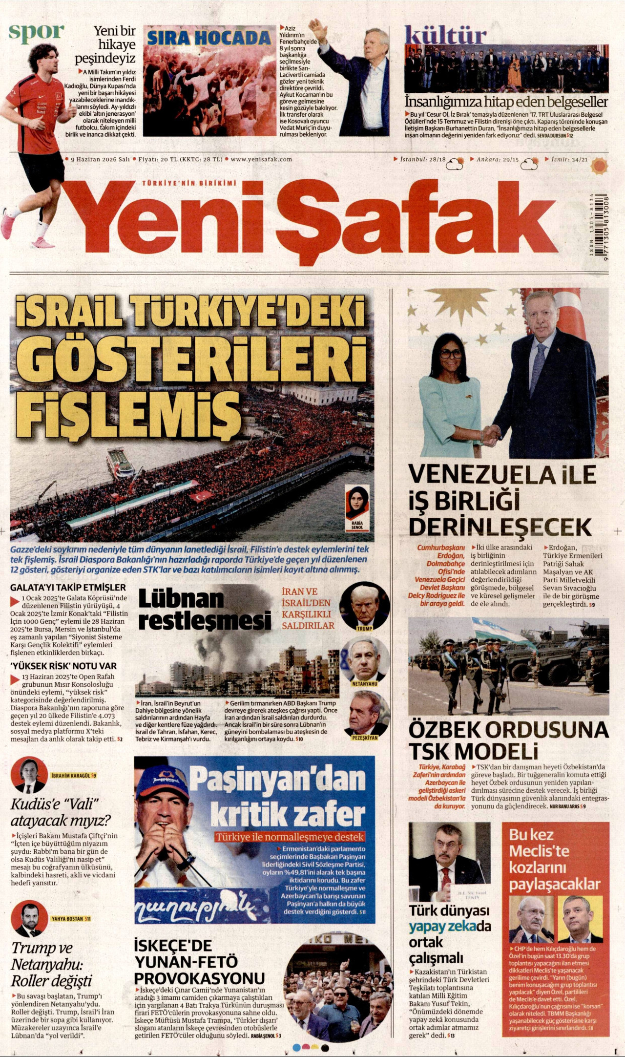 YENİ ŞAFAK gazetesinin 9 Haziran 2026 tarihli birinci sayfası