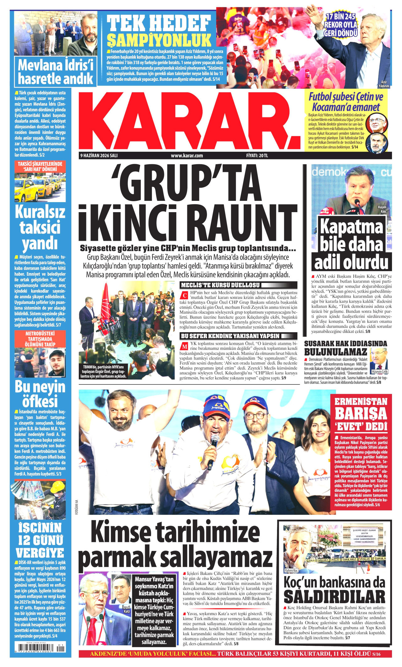 KARAR gazetesinin 9 Haziran 2026 tarihli birinci sayfası