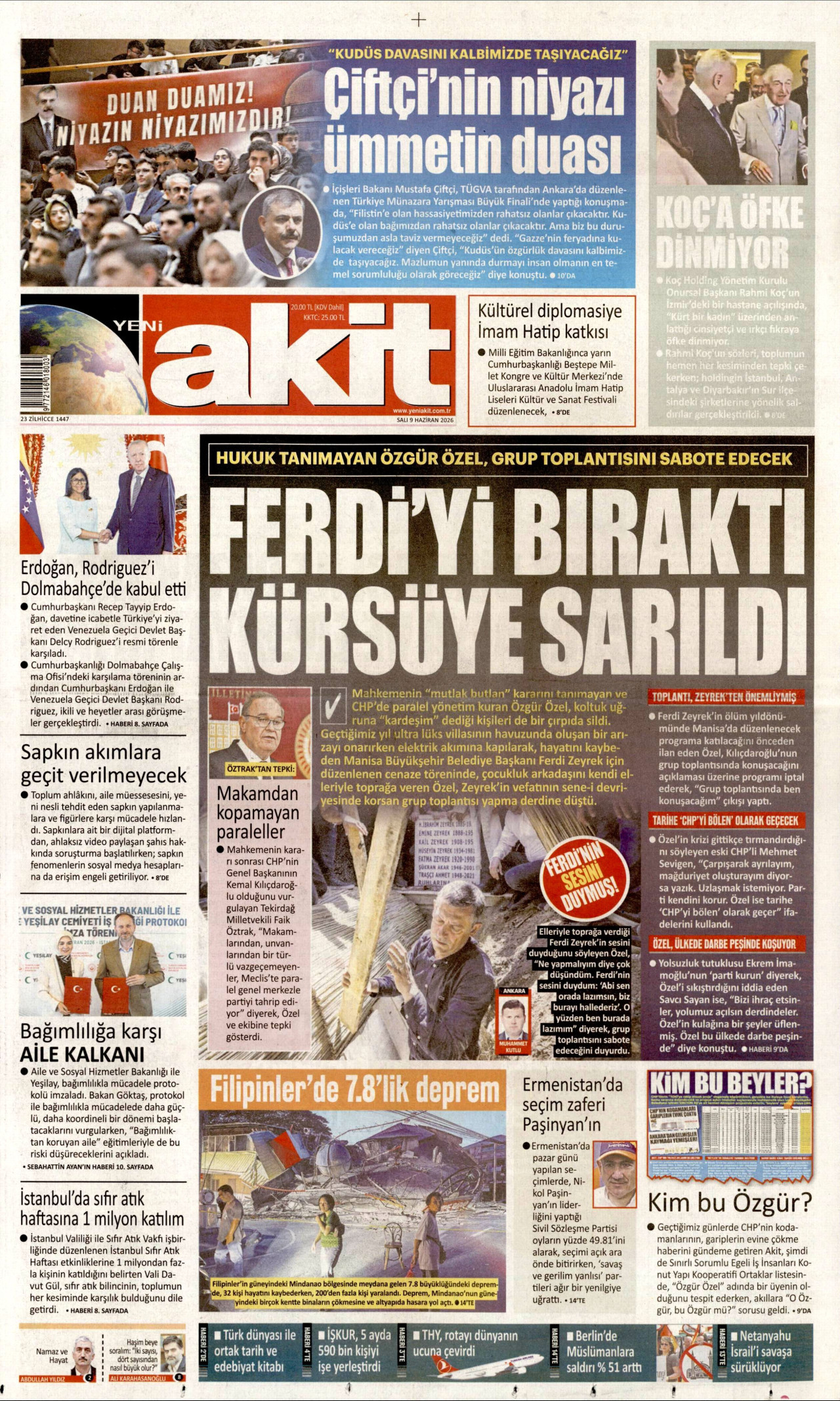 YENİ AKİT gazetesinin 9 Haziran 2026 tarihli birinci sayfası