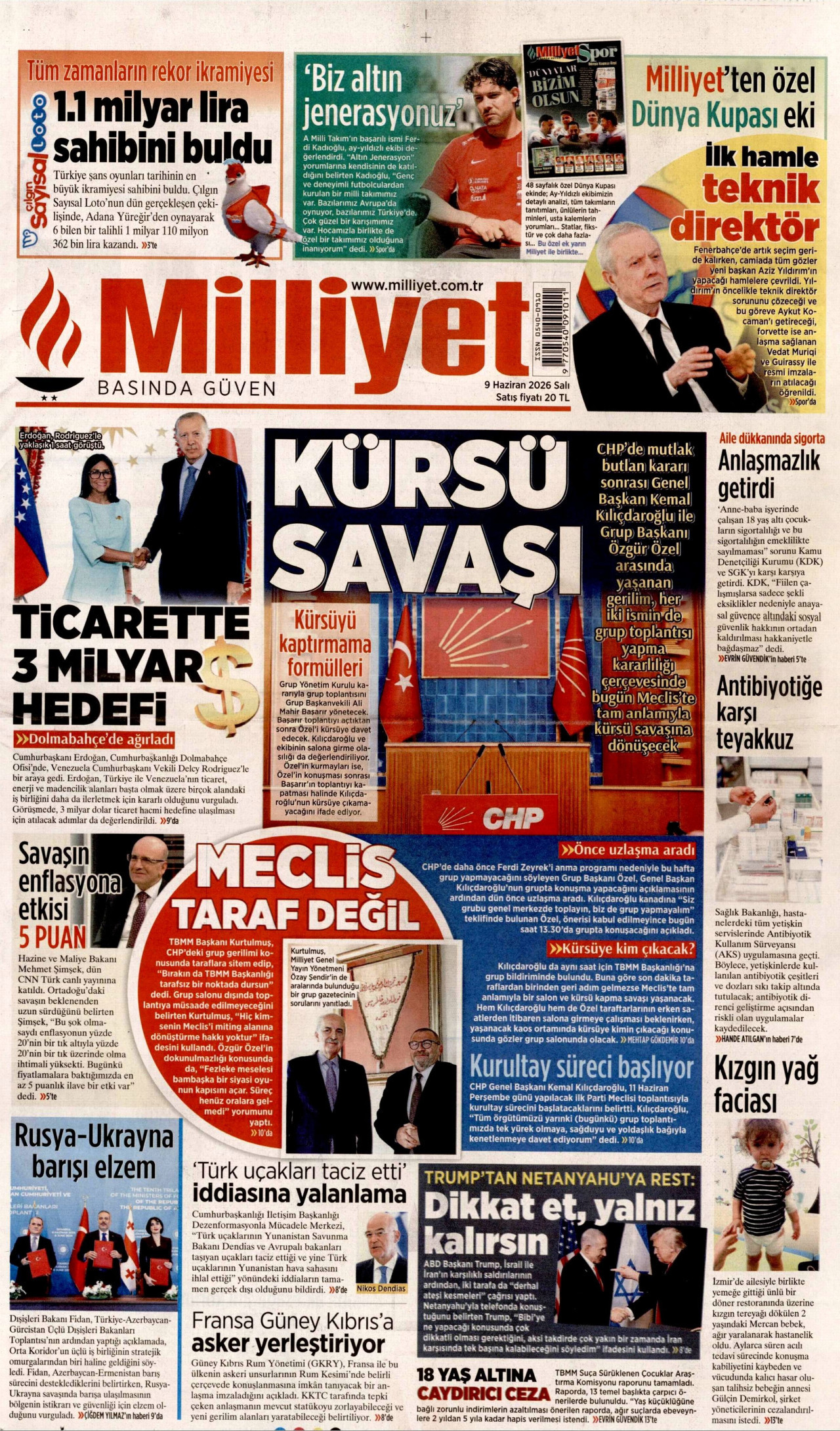 MİLLİYET gazetesinin 9 Haziran 2026 tarihli birinci sayfası