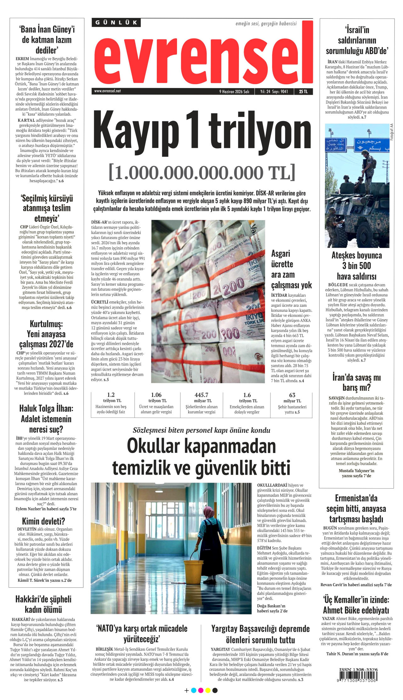 EVRENSEL gazetesinin 9 Haziran 2026 tarihli birinci sayfası