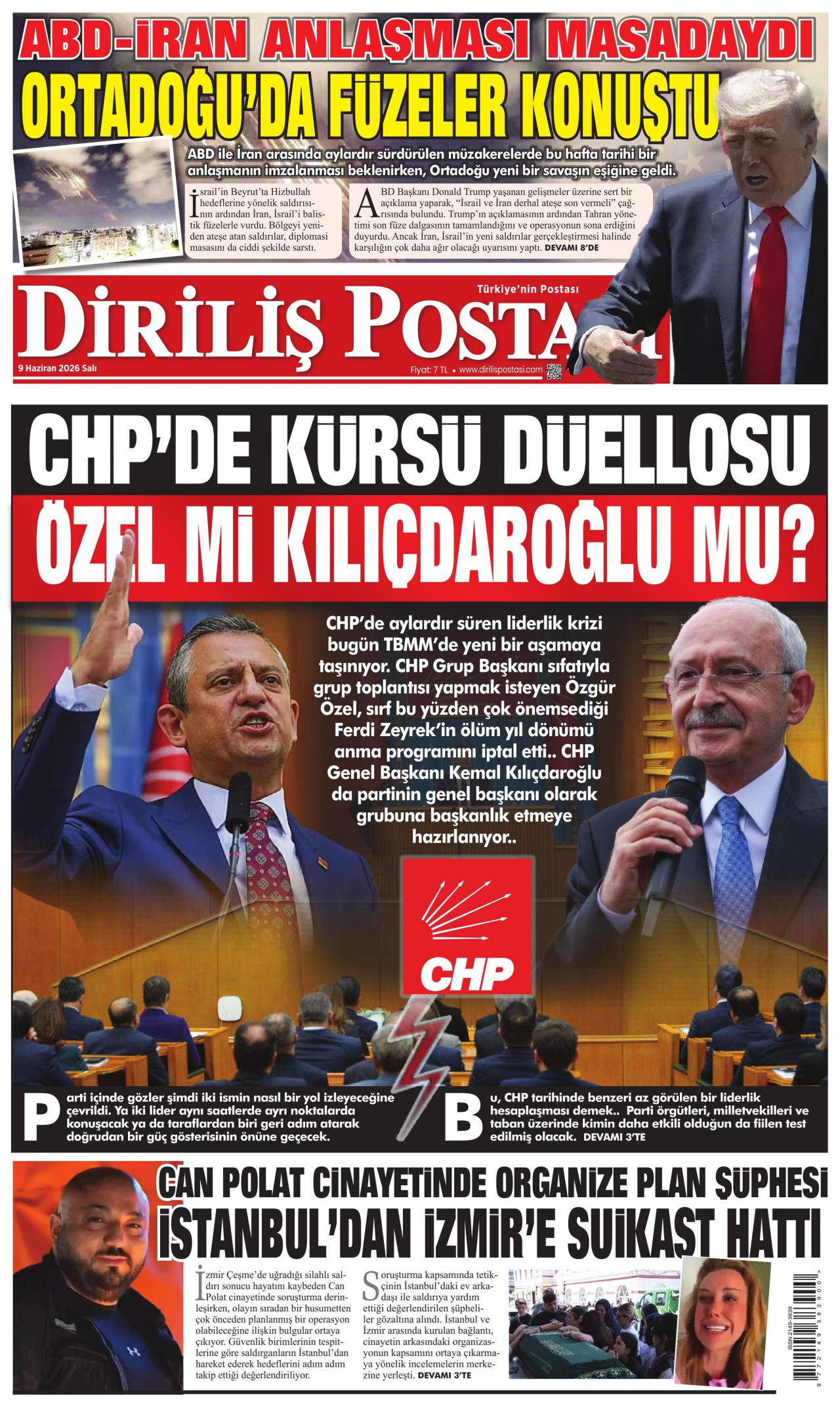 DİRİLİŞ POSTASI gazetesinin 9 Haziran 2026 tarihli birinci sayfası
