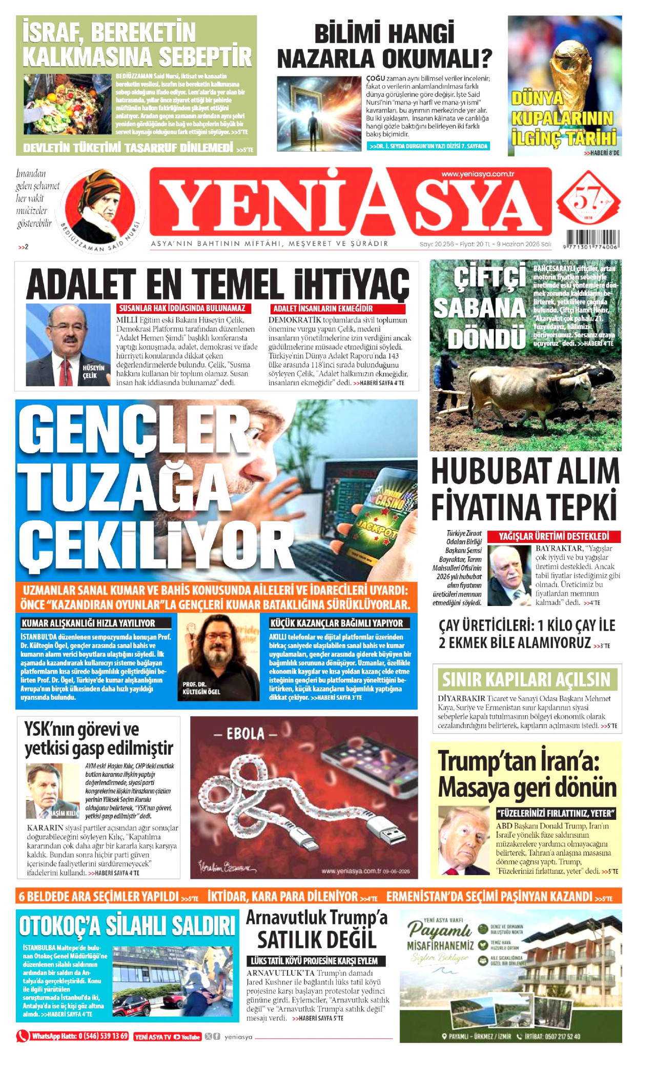 YENİ ASYA gazetesinin 9 Haziran 2026 tarihli birinci sayfası