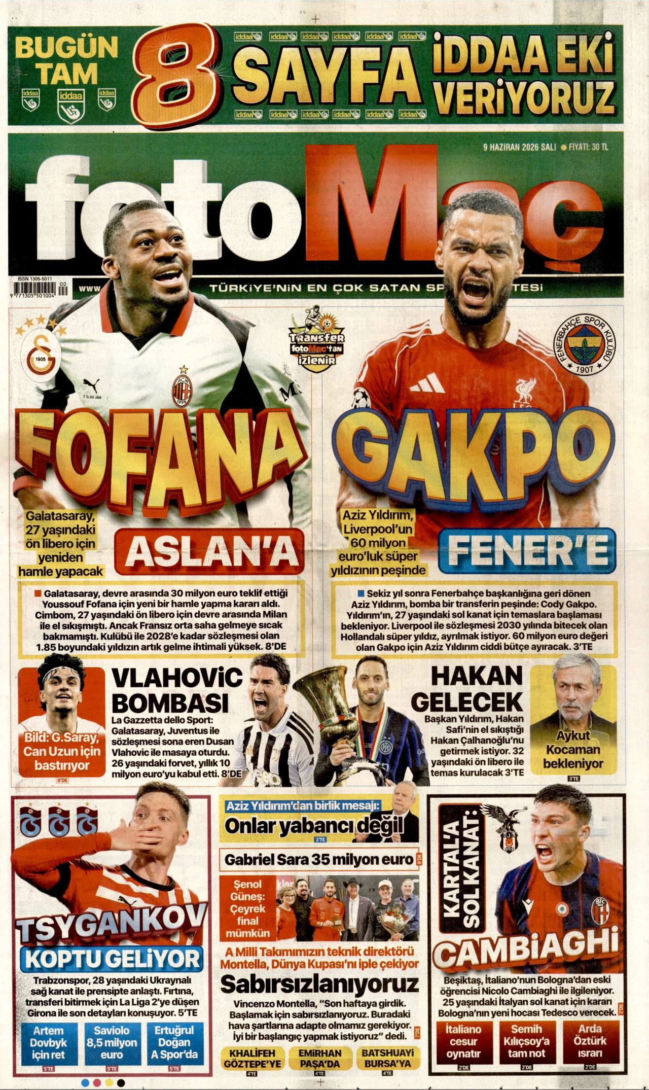 FOTOMAÇ gazetesinin 9 Haziran 2026 tarihli birinci sayfası