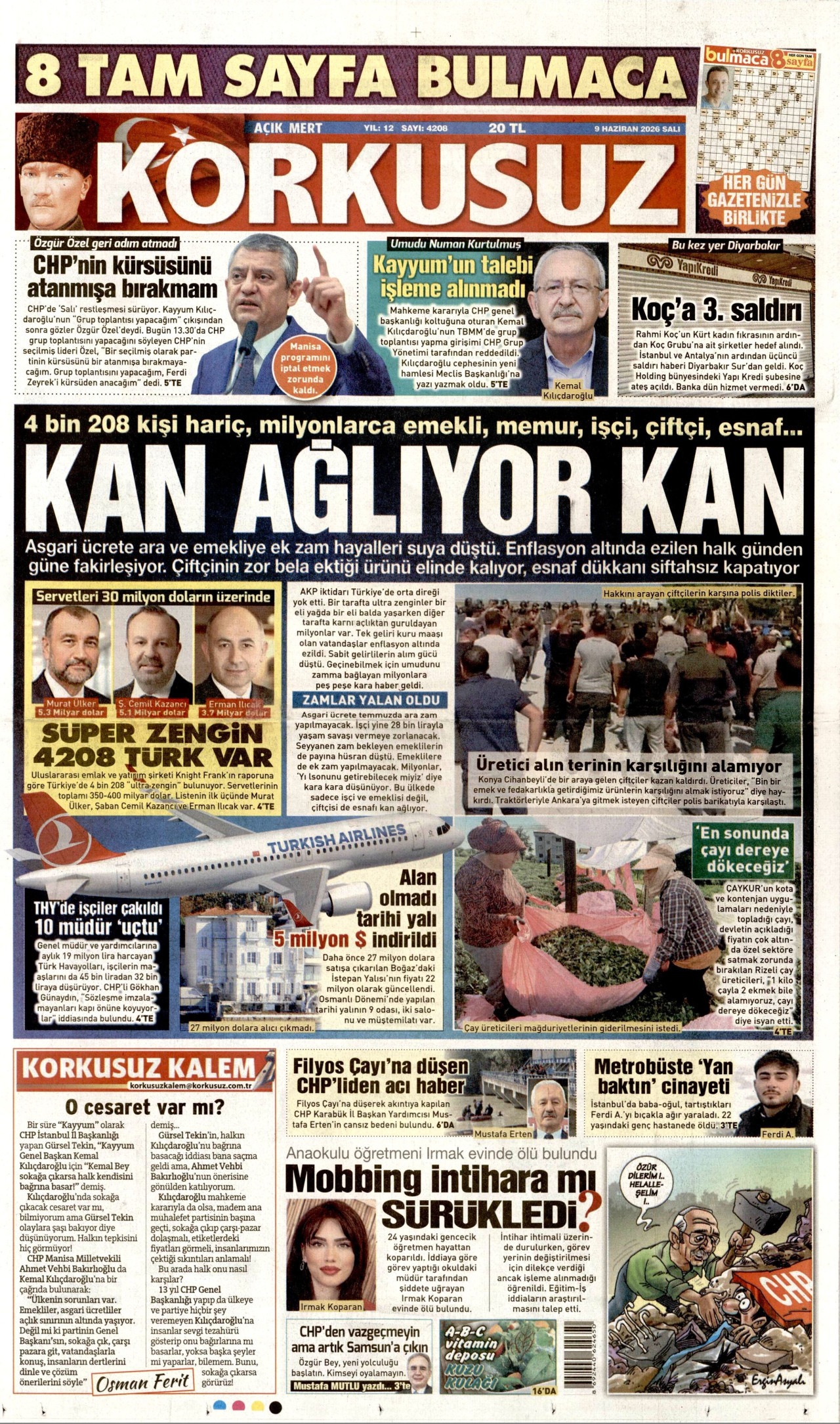 KORKUSUZ gazetesinin 9 Haziran 2026 tarihli birinci sayfası