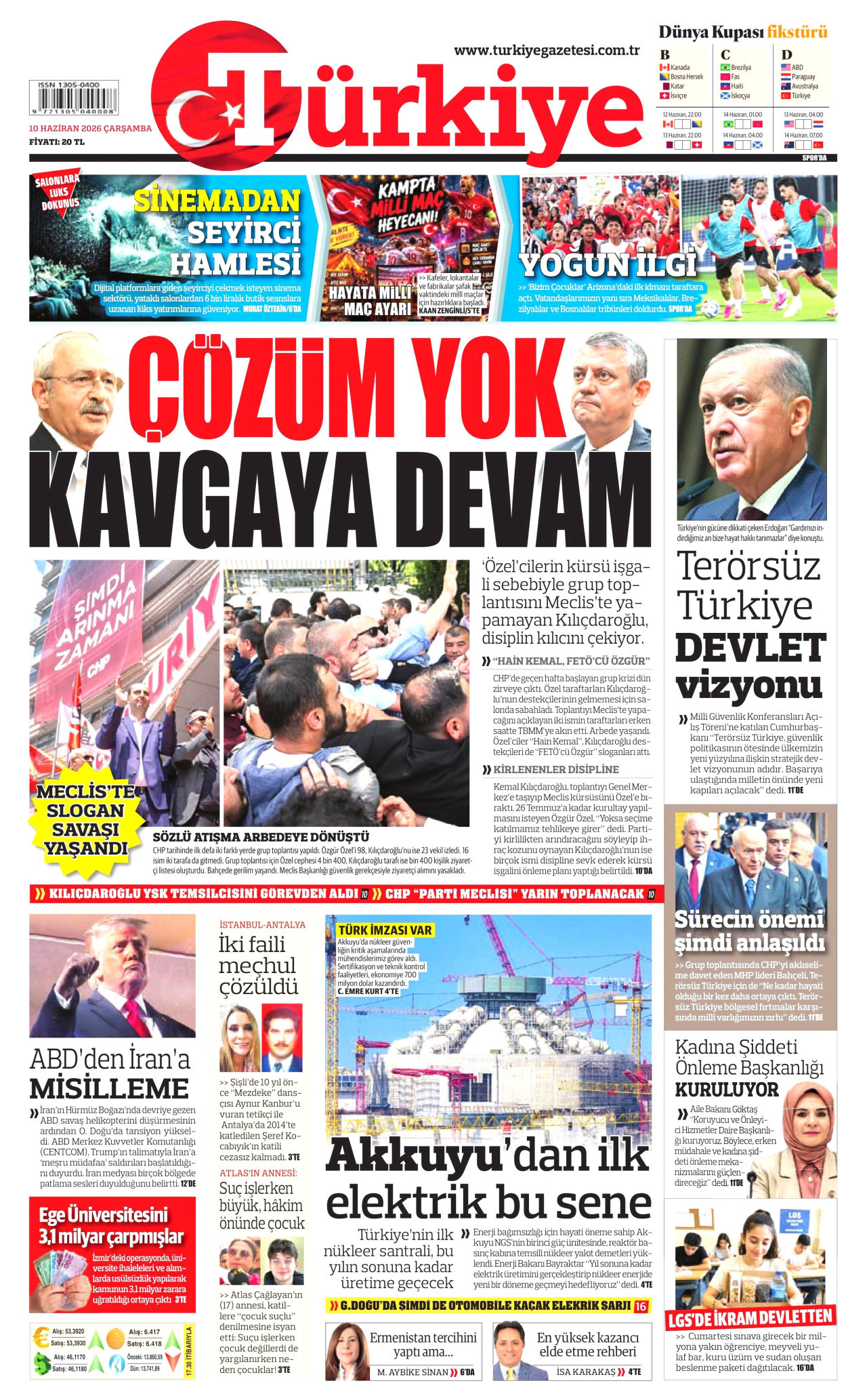 TÜRKİYE GAZETESİ gazetesinin 10 Haziran 2026 tarihli birinci sayfası