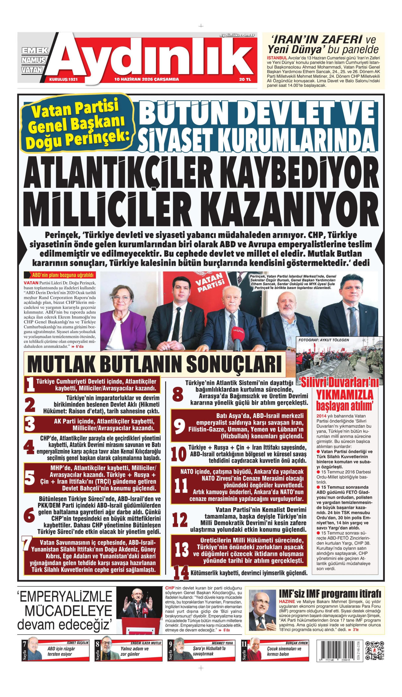 AYDINLIK GAZETESİ gazetesinin 10 Haziran 2026 tarihli birinci sayfası