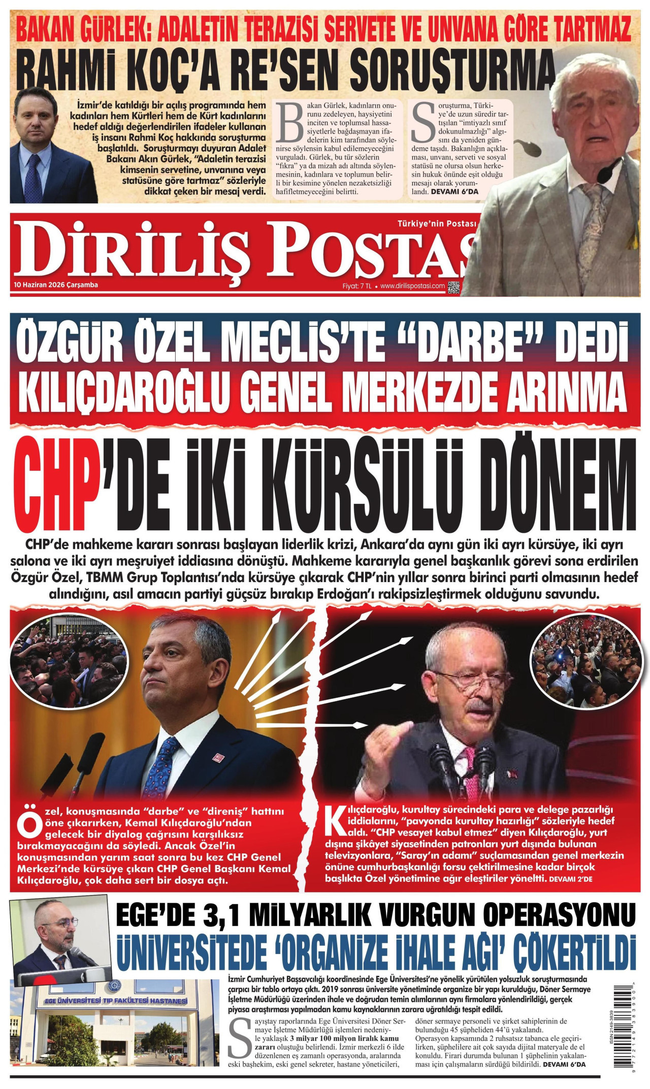 DİRİLİŞ POSTASI gazetesinin 10 Haziran 2026 tarihli birinci sayfası