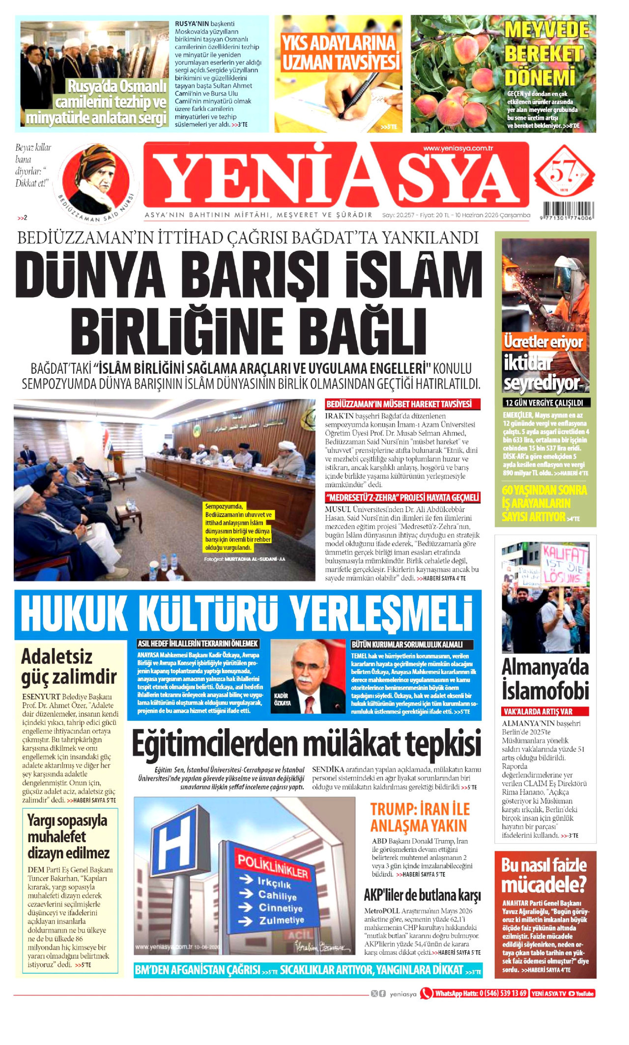 YENİ ASYA gazetesinin 10 Haziran 2026 tarihli birinci sayfası