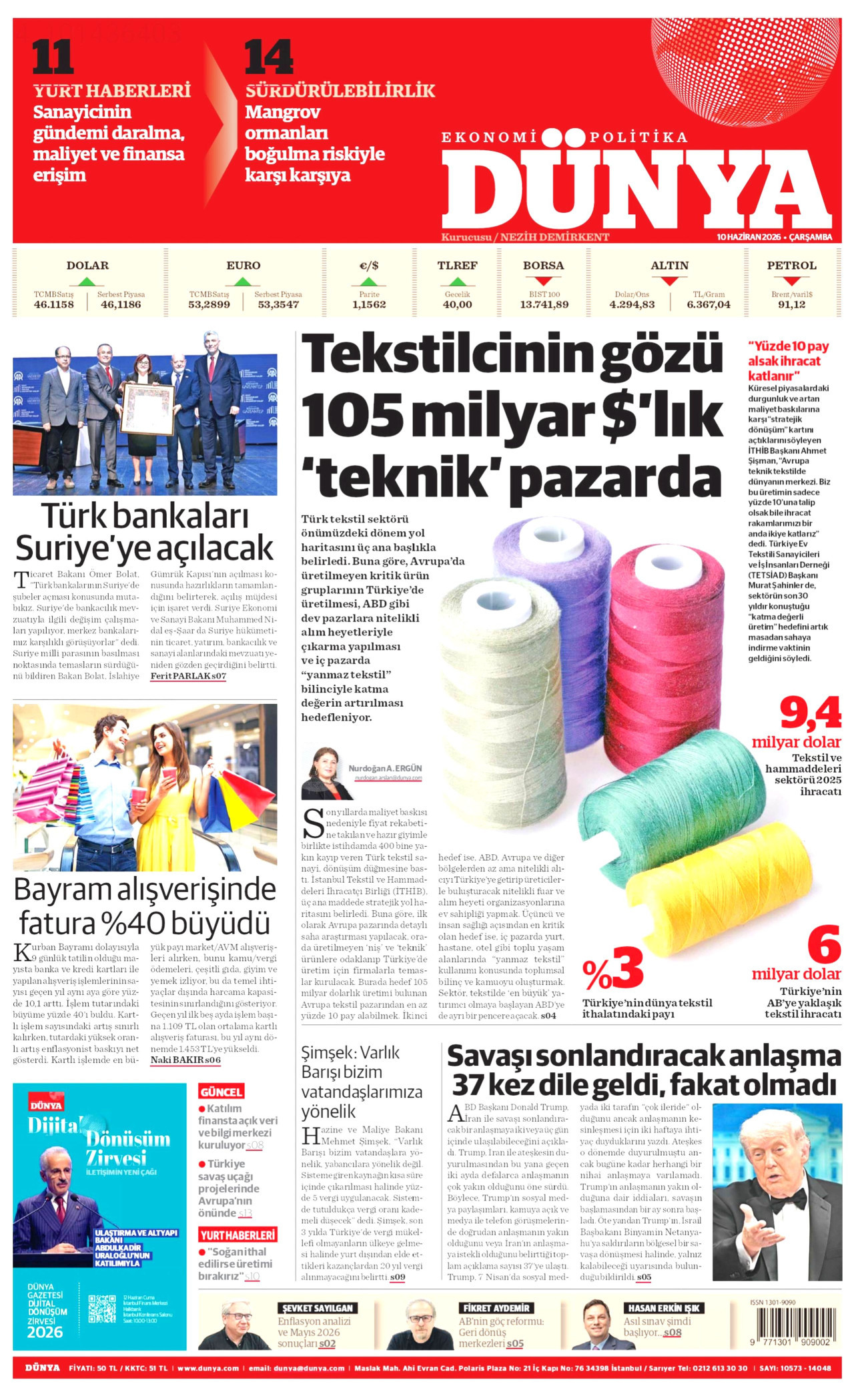 DÜNYA gazetesinin 10 Haziran 2026 tarihli birinci sayfası