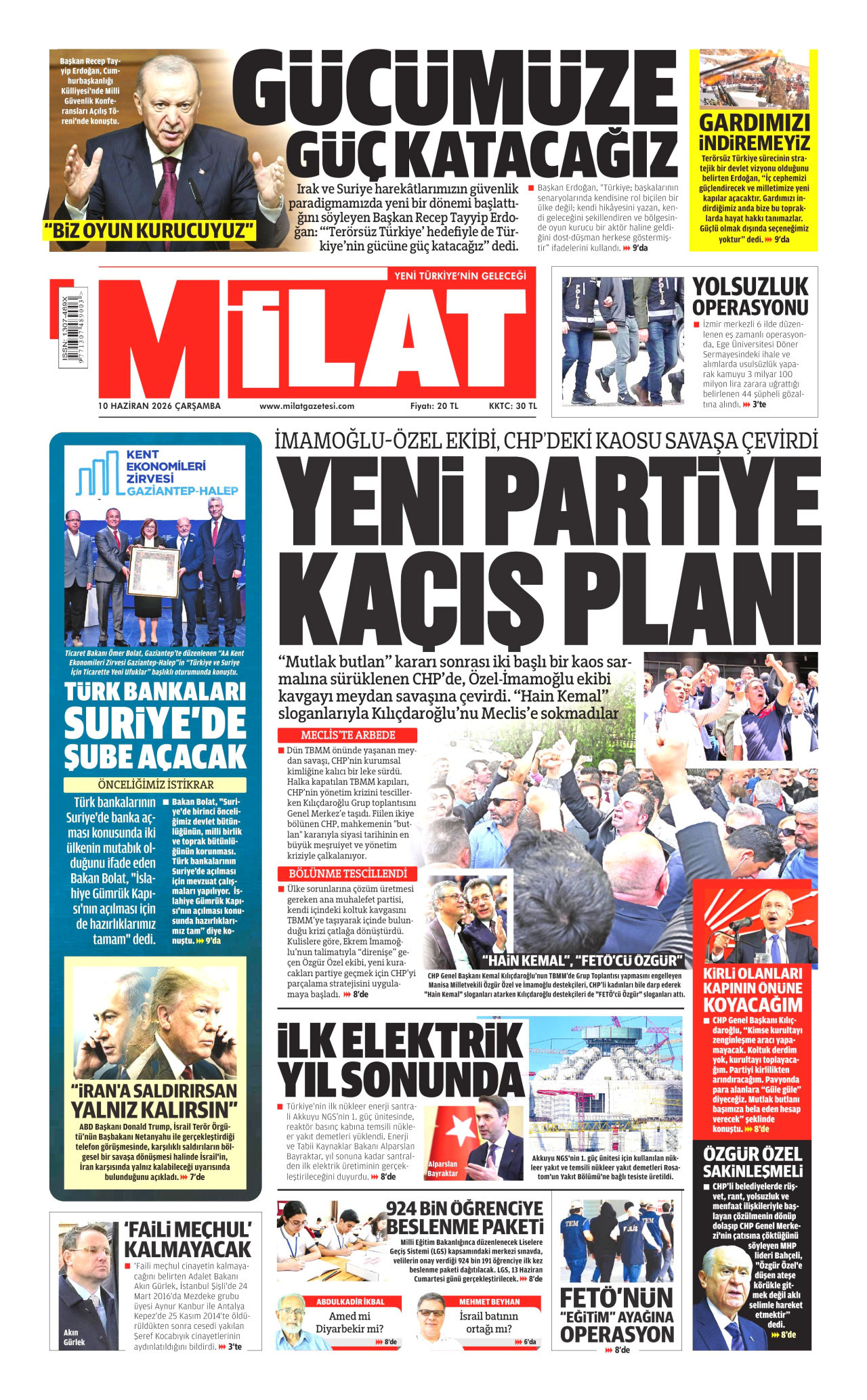 MİLAT gazetesinin 10 Haziran 2026 tarihli birinci sayfası