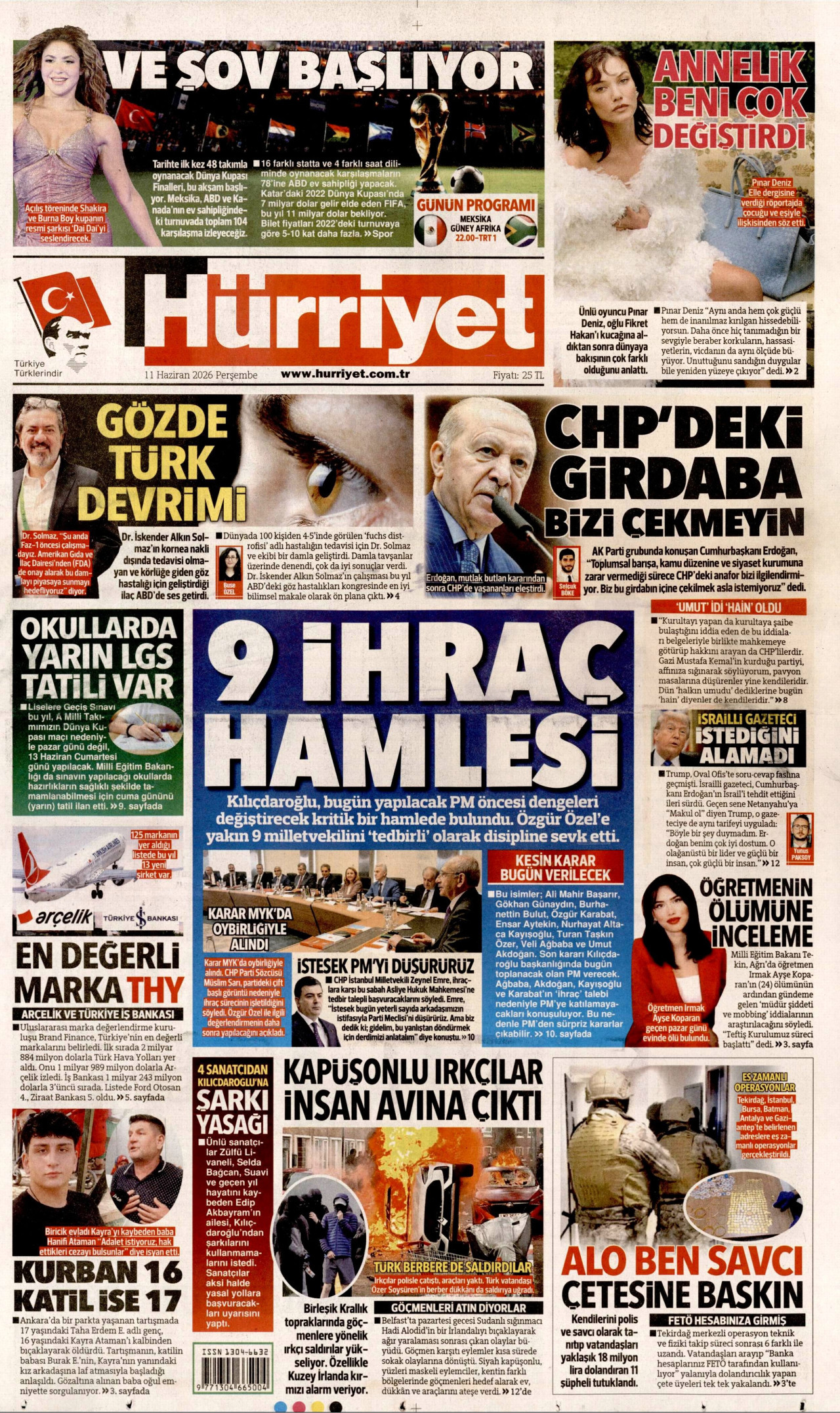 HÜRRİYET gazetesinin 11 Haziran 2026 tarihli birinci sayfası