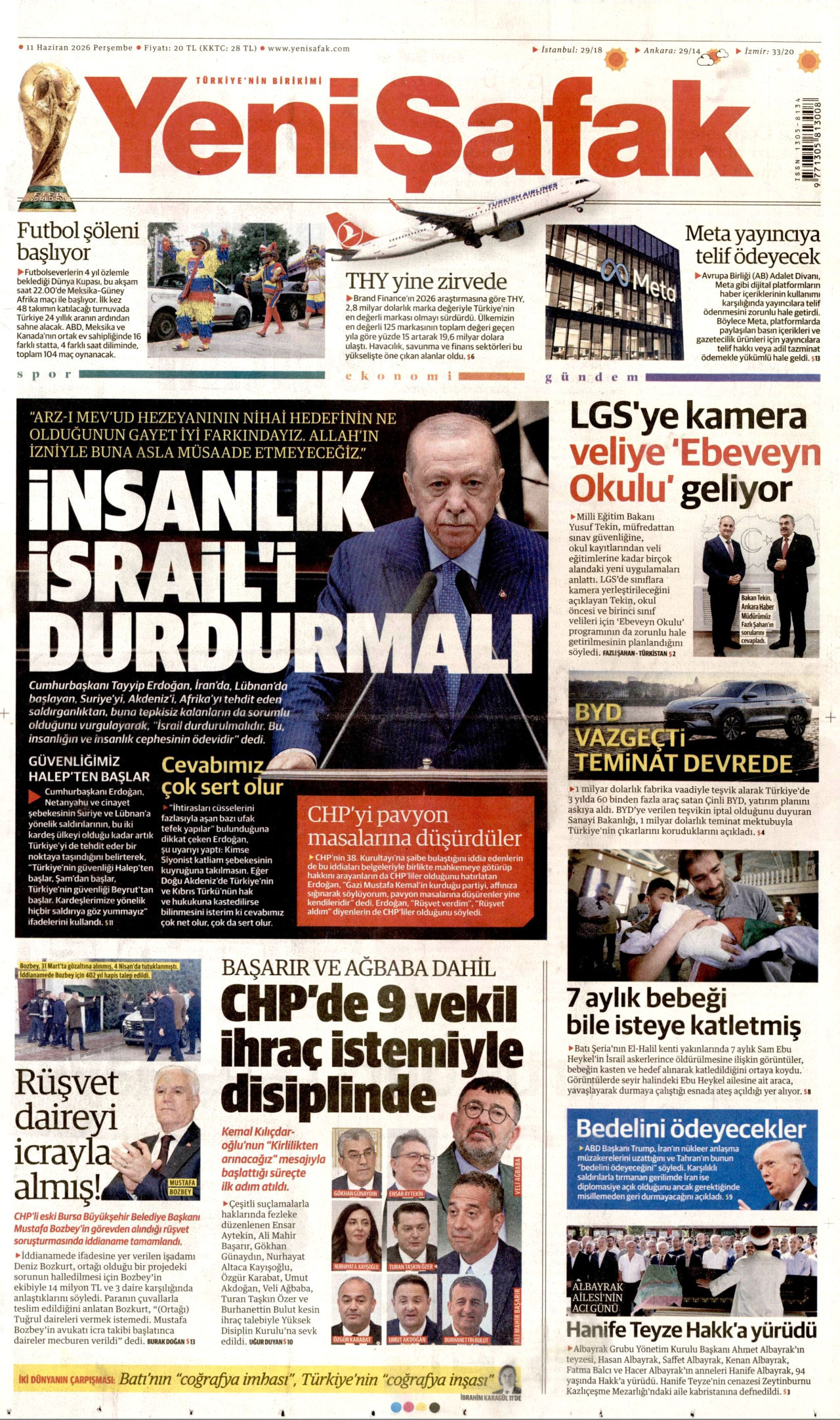YENİ ŞAFAK gazetesinin 11 Haziran 2026 tarihli birinci sayfası