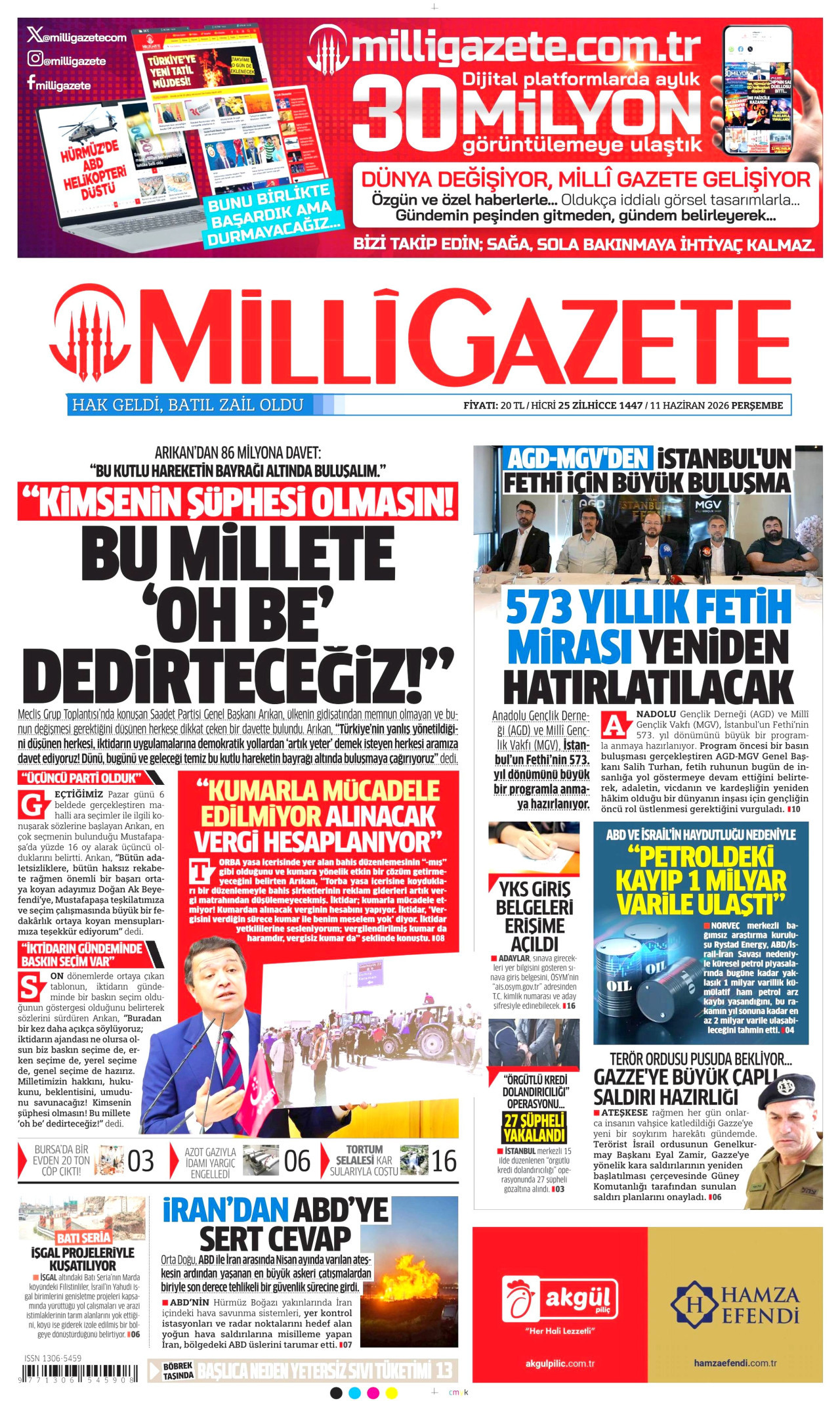 MİLLİ GAZETE gazetesinin 11 Haziran 2026 tarihli birinci sayfası