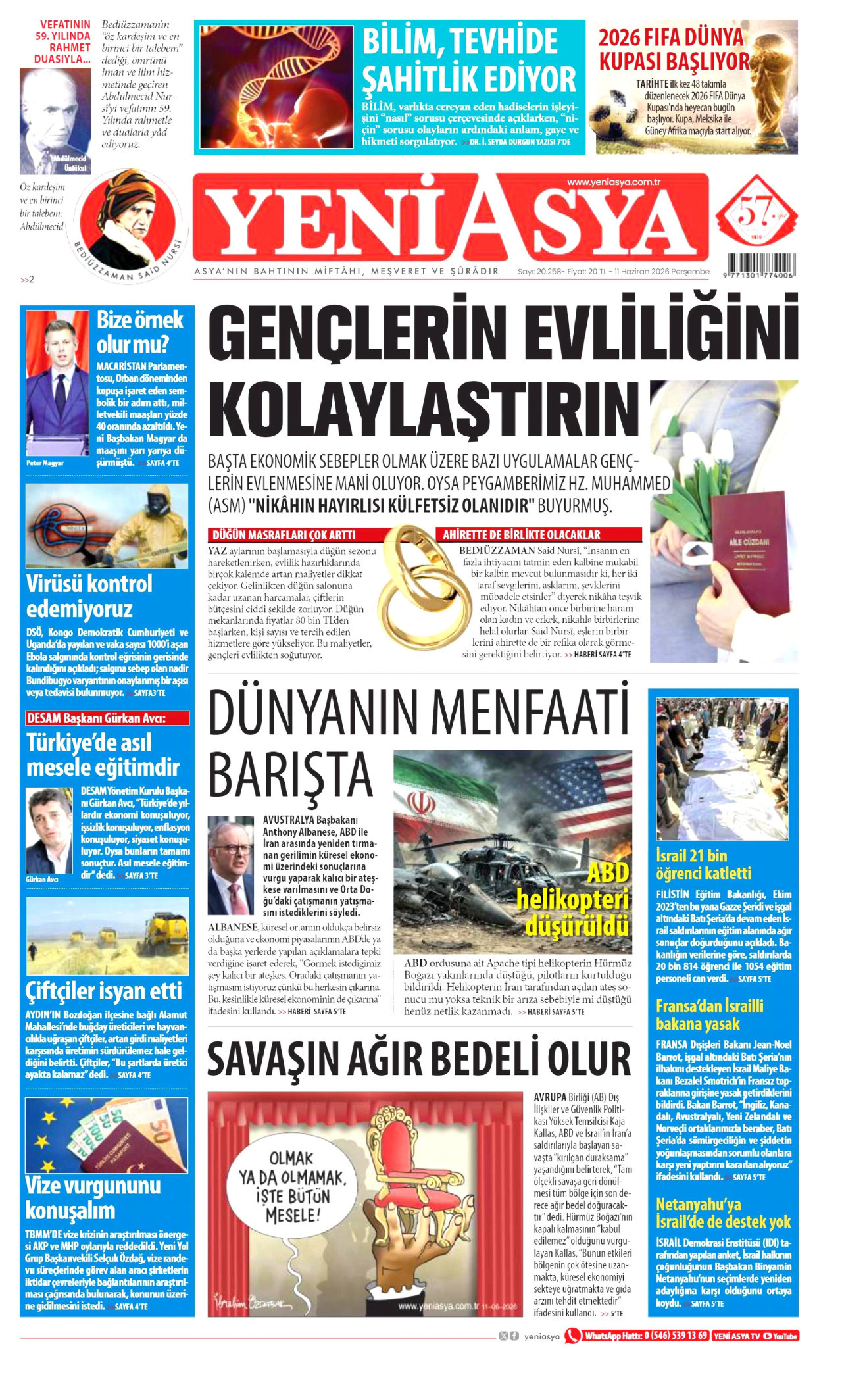 YENİ ASYA gazetesinin 11 Haziran 2026 tarihli birinci sayfası