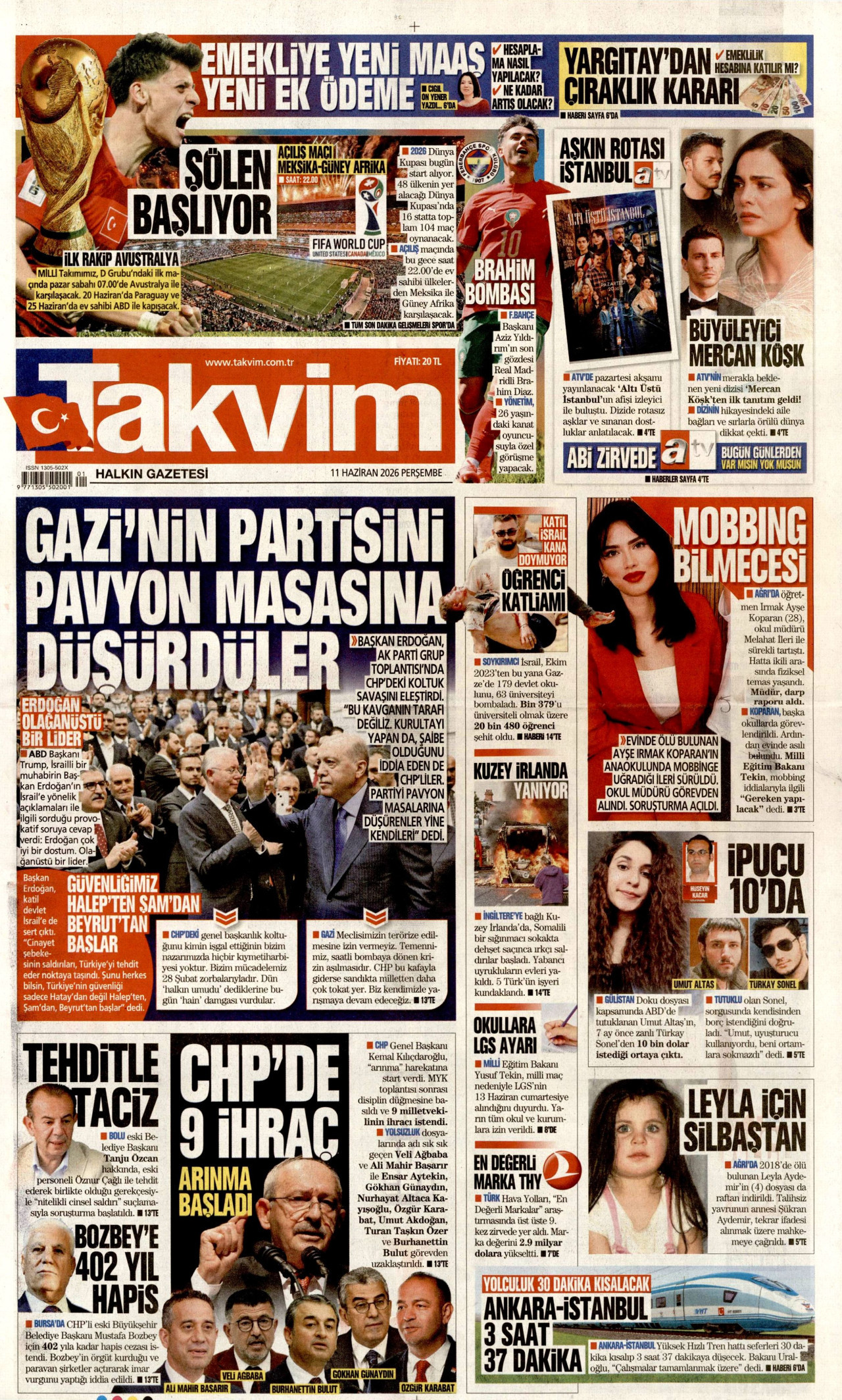 TAKVİM gazetesinin 11 Haziran 2026 tarihli birinci sayfası