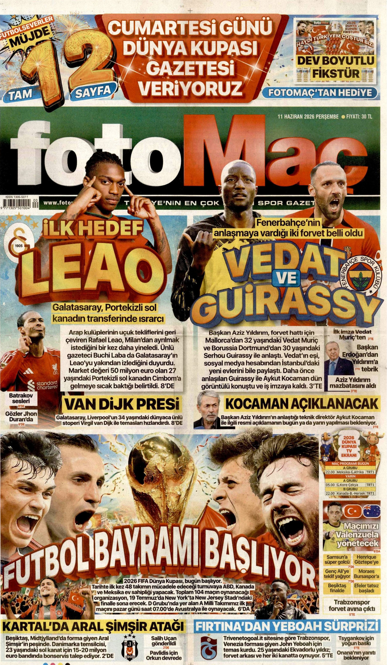 FOTOMAÇ gazetesinin 11 Haziran 2026 tarihli birinci sayfası