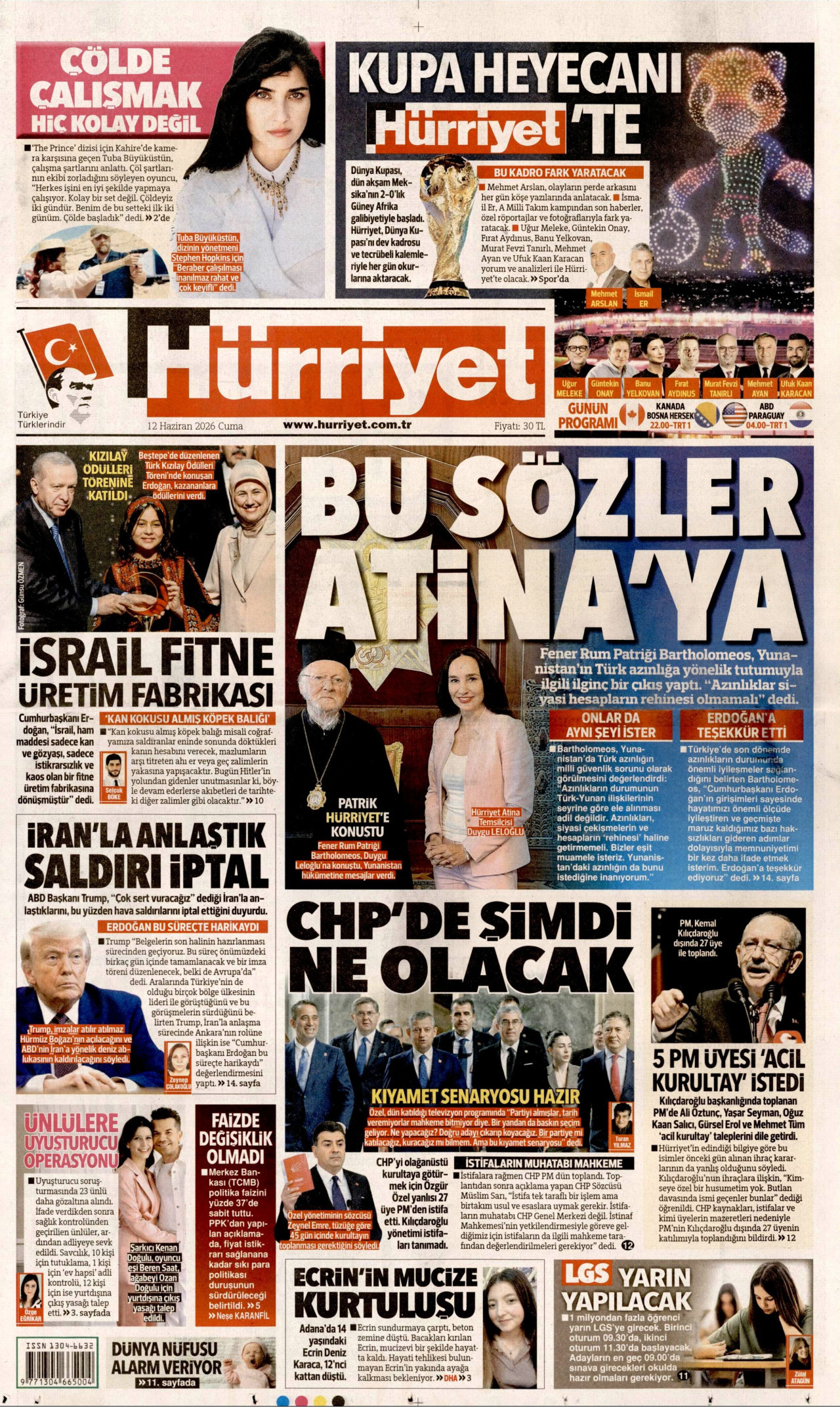 HÜRRİYET gazetesinin 12 Haziran 2026 tarihli birinci sayfası