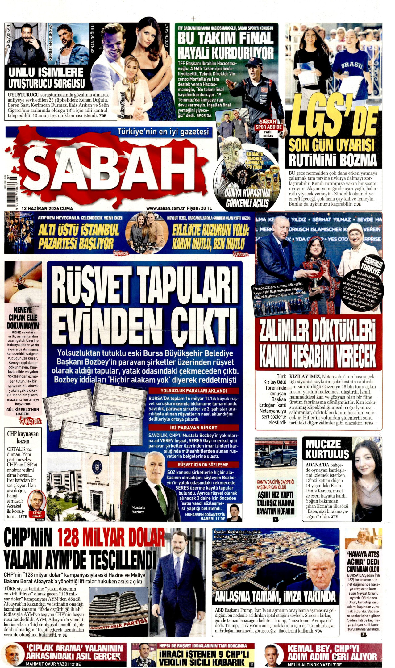 SABAH gazetesinin 12 Haziran 2026 tarihli birinci sayfası