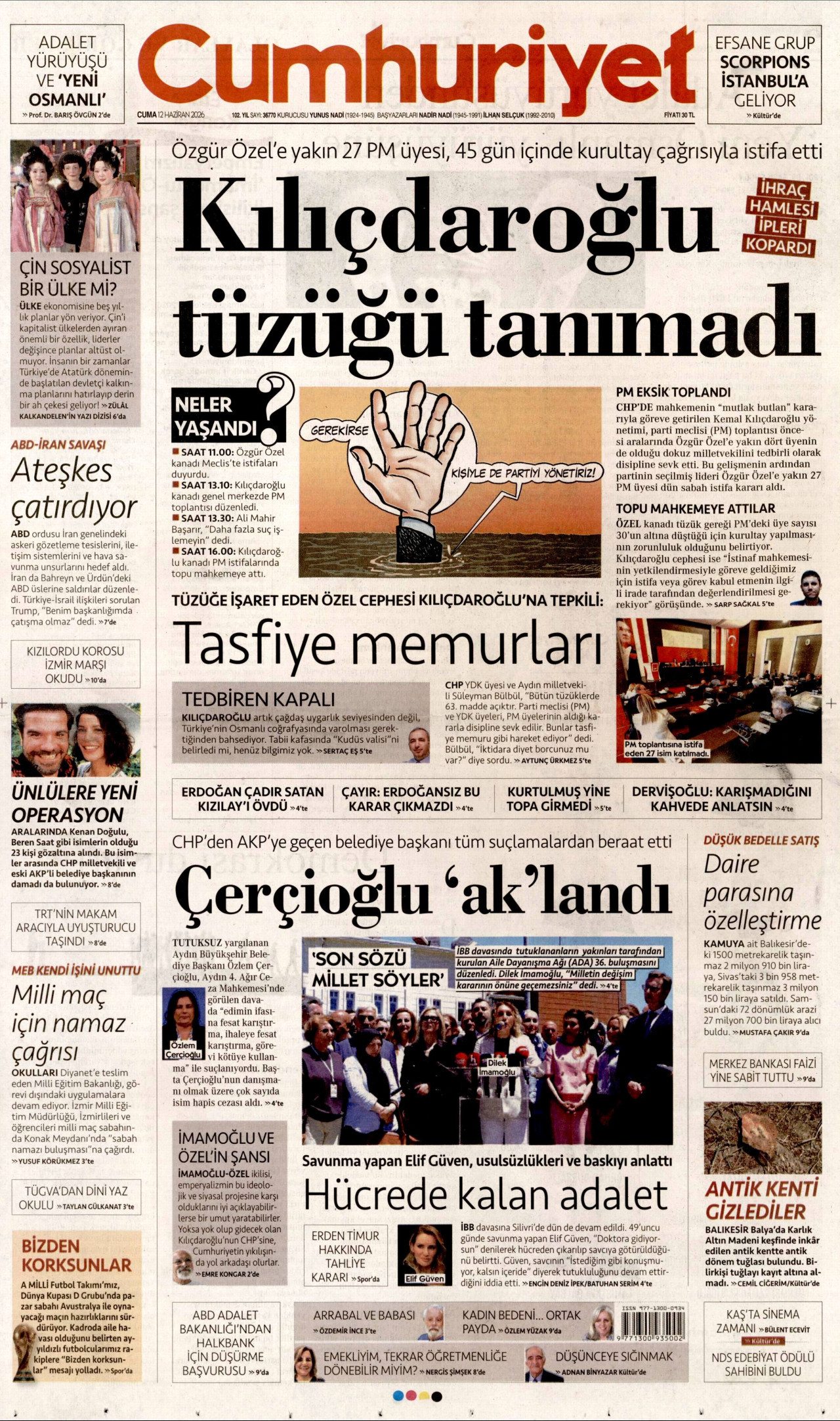 CUMHURİYET gazetesinin 12 Haziran 2026 tarihli birinci sayfası