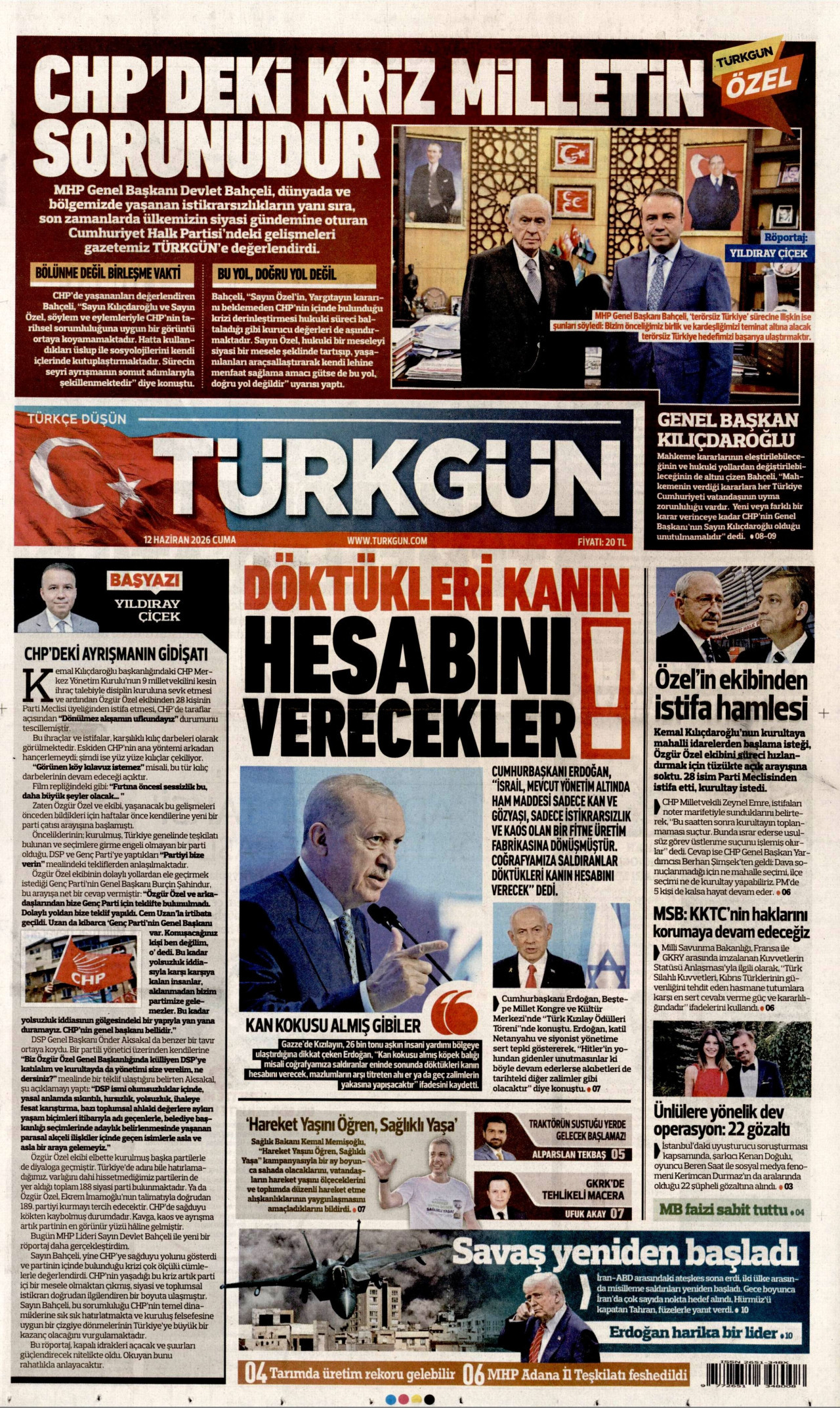 TÜRKGÜN gazetesinin 12 Haziran 2026 tarihli birinci sayfası